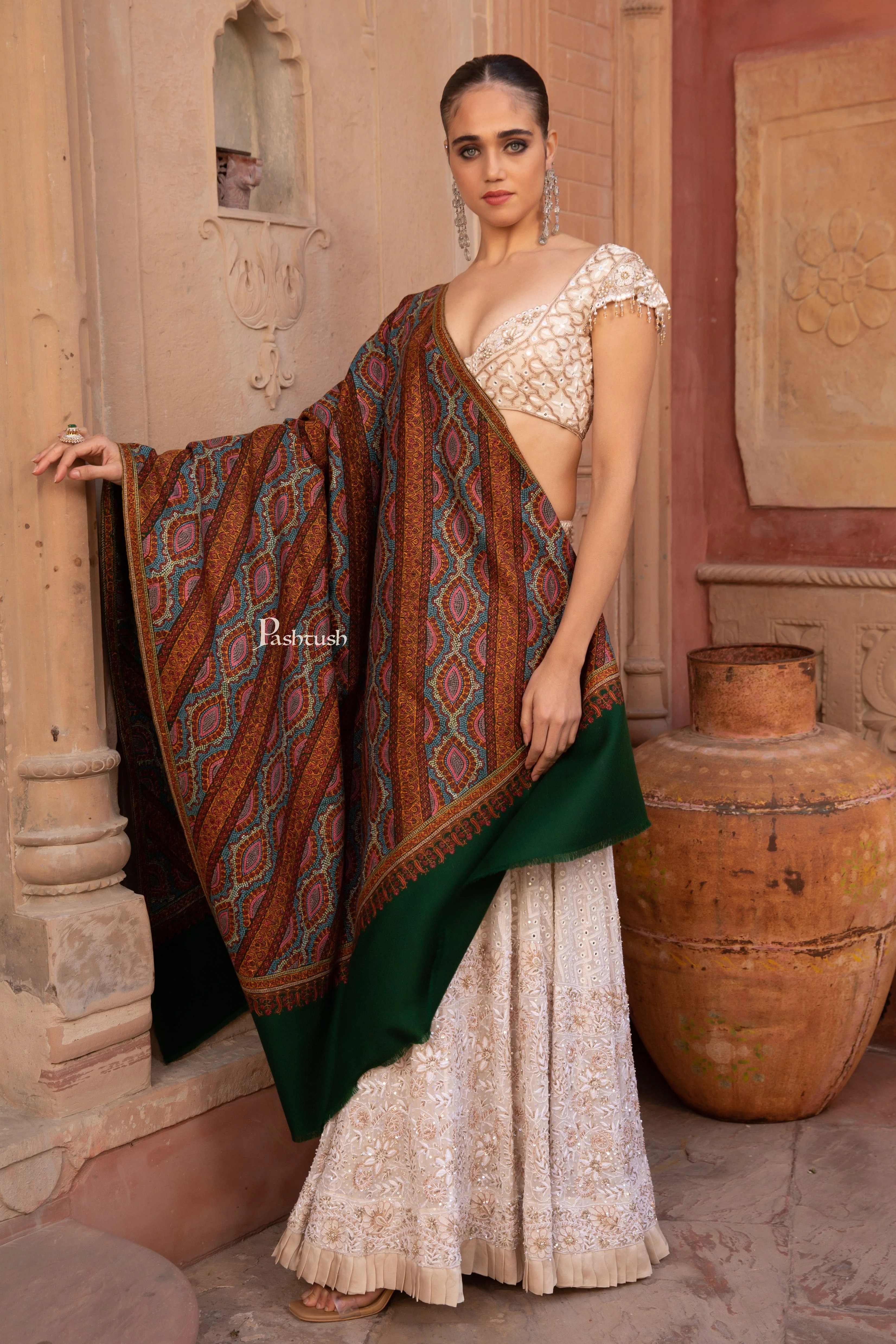 Pashtush Pashmina Shawl for Women, Handwoven Hand Embroidered, Kashmiri Paani Tanka Hand Embroidery, Royal Green