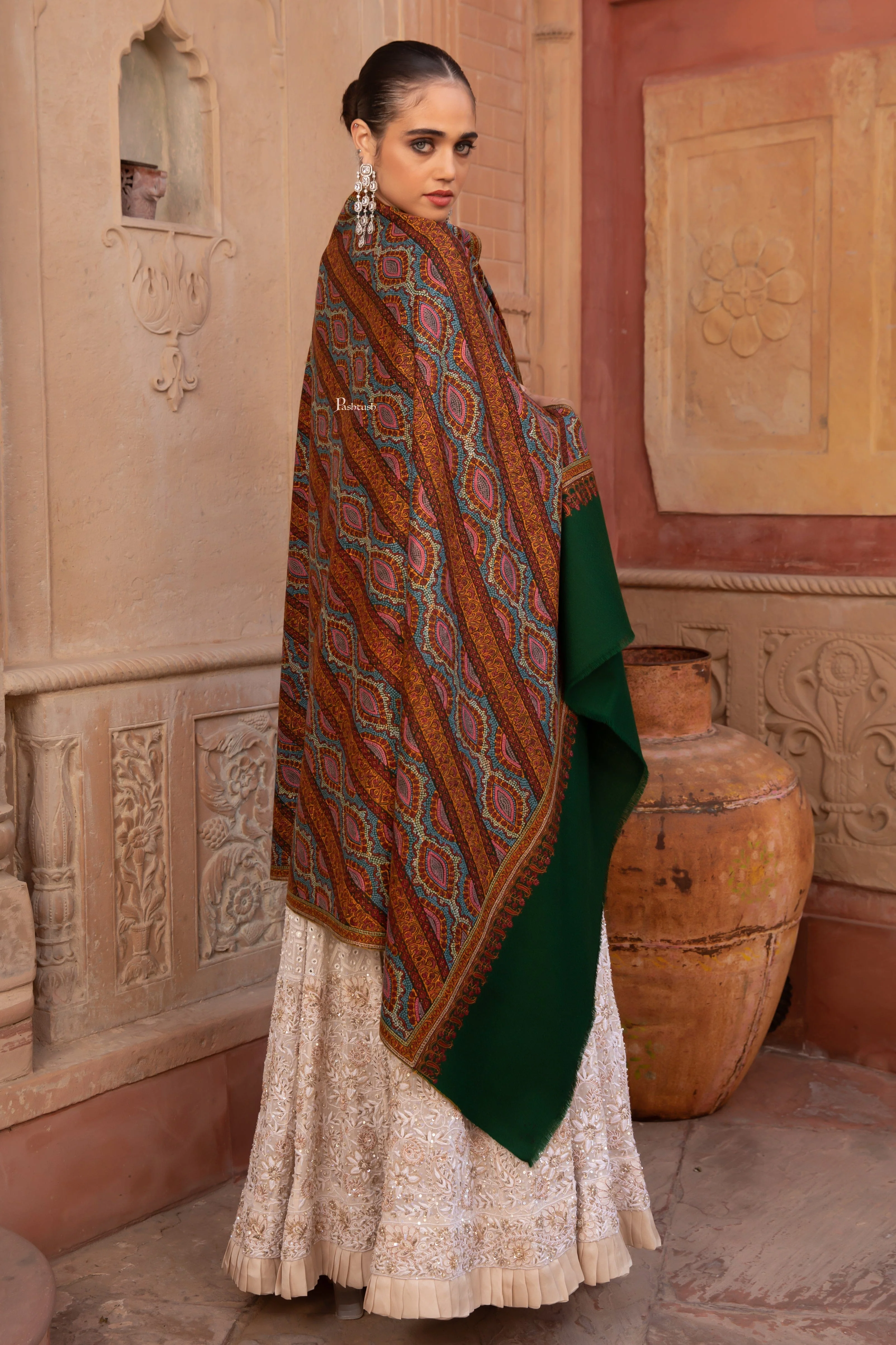Pashtush Pashmina Shawl for Women, Handwoven Hand Embroidered, Kashmiri Paani Tanka Hand Embroidery, Royal Green - Image 4