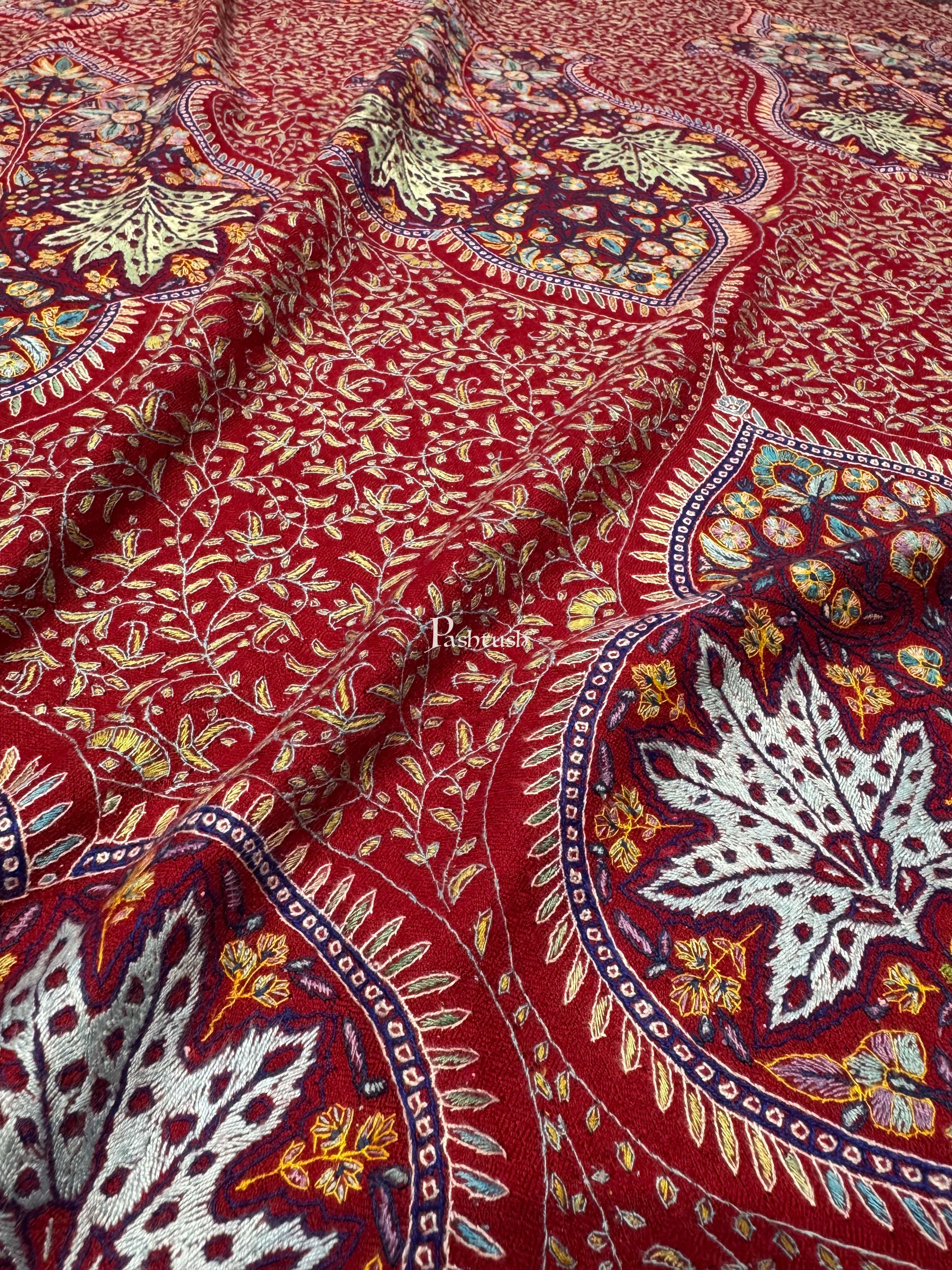 Pashtush Pashmina Shawl , Hand Embroidered Multicoloured Jama Jaal, Handmade Kashmiri Embroidery, Maroon - Image 2