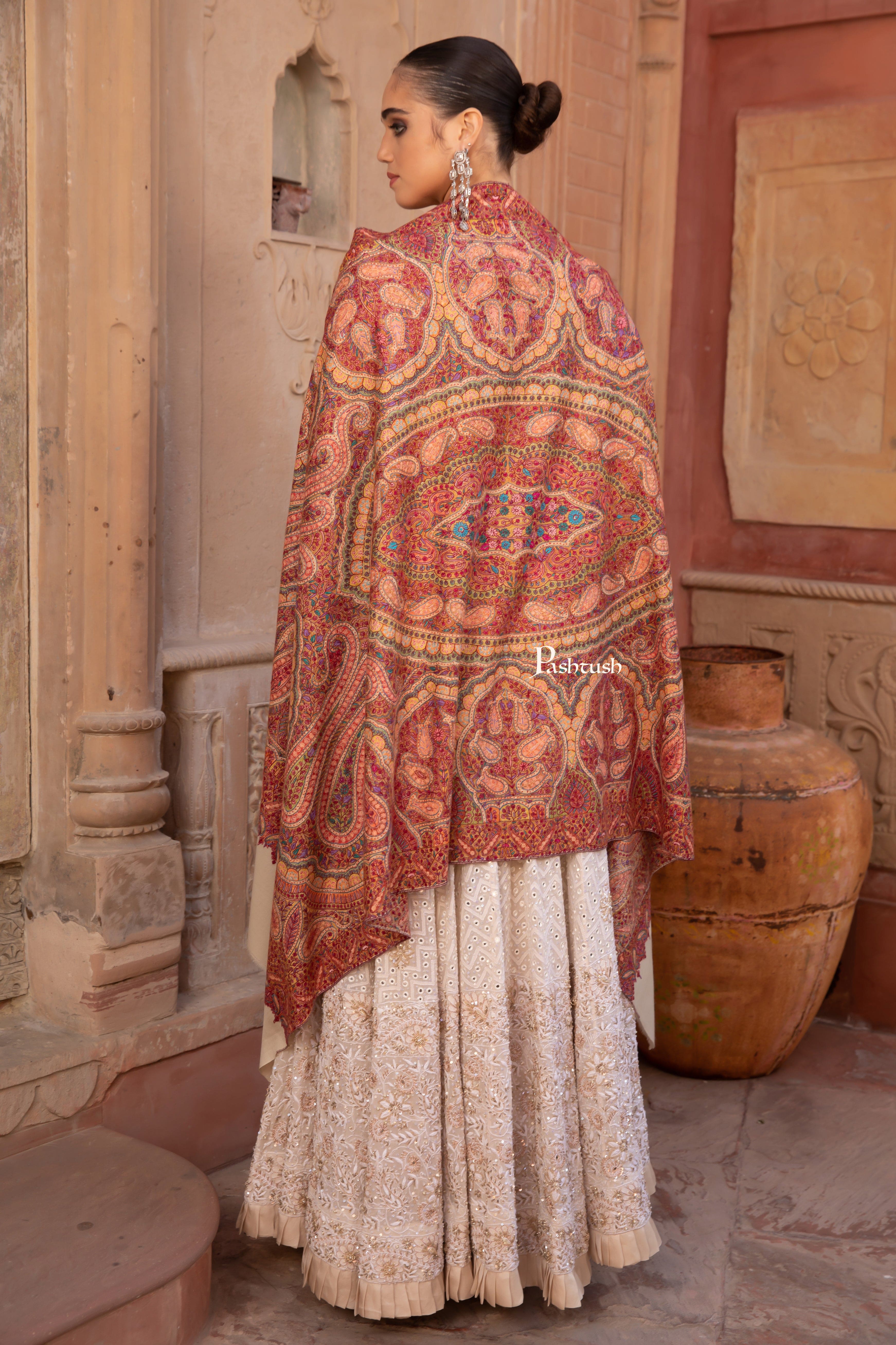 Pashtush Pashmina Shawl, Hand Embroidery Jama, Kashmiri Needlework, handmade, Beige - Image 5