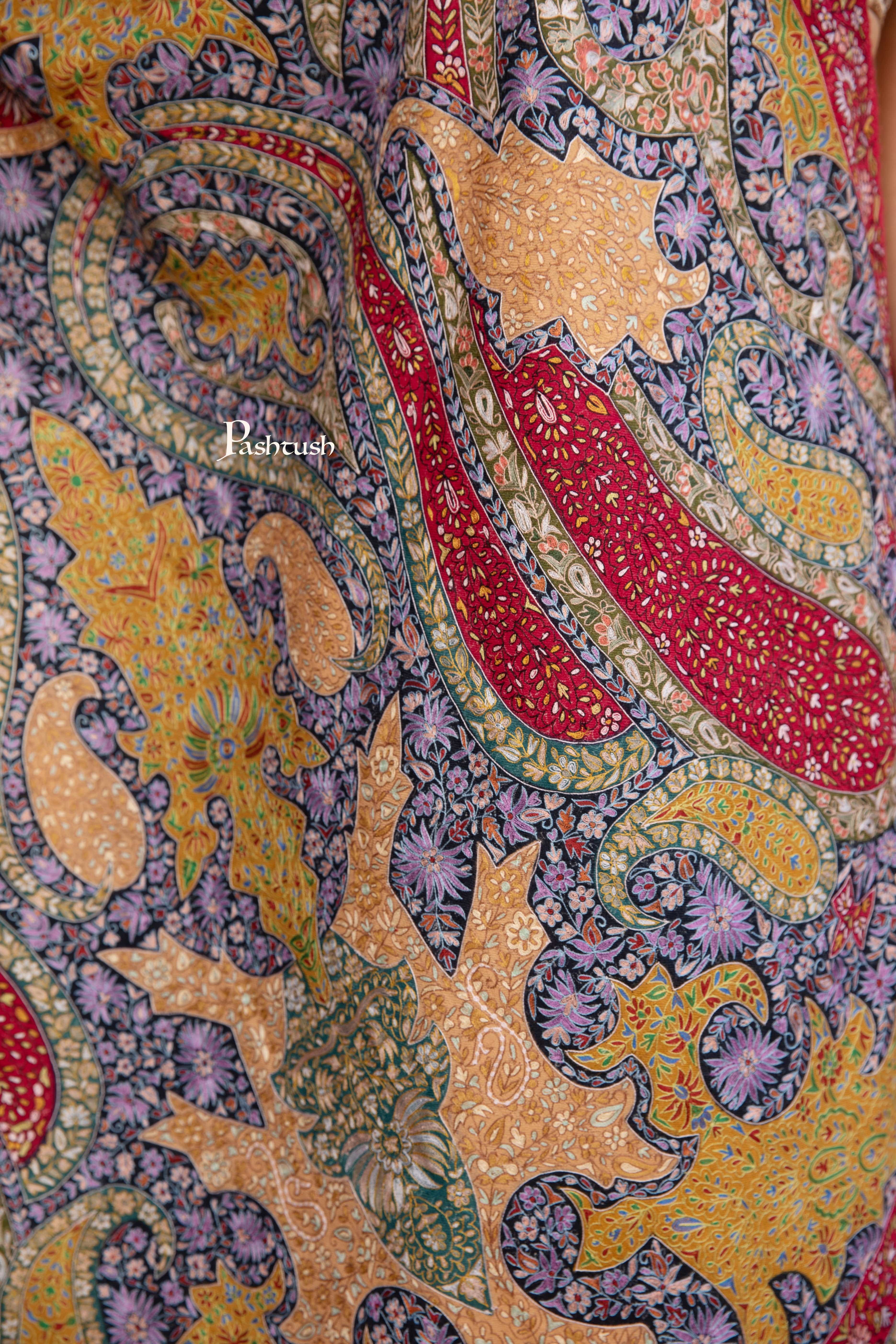 Pashtush Pashmina Shawl, Kalamkari Hand Embroidery, Hand Painted, Multicoloured - Image 6