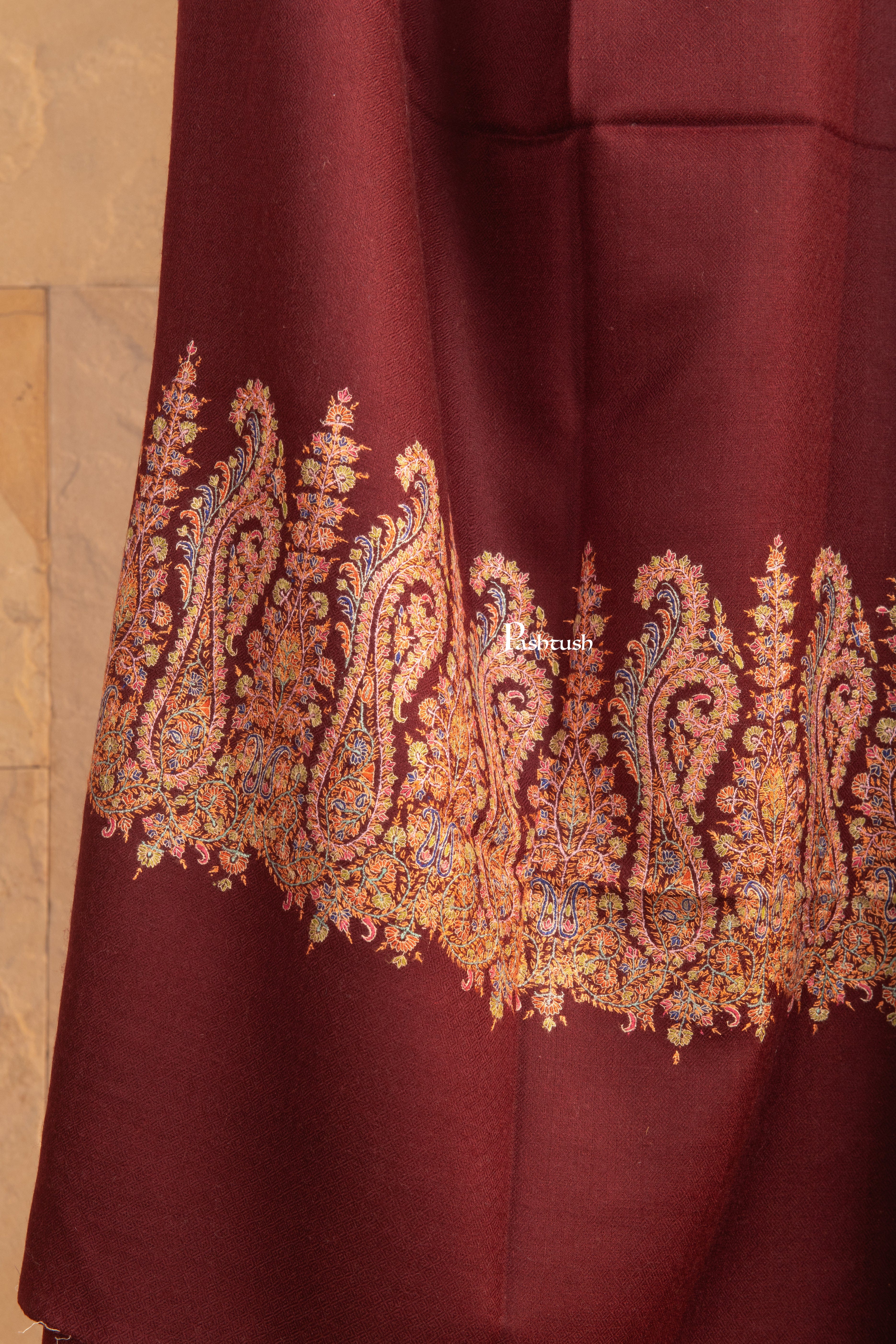 Pashtush Pure Pashmina Shawl, With Hand Embroidery Palla, Maroon - Image 2