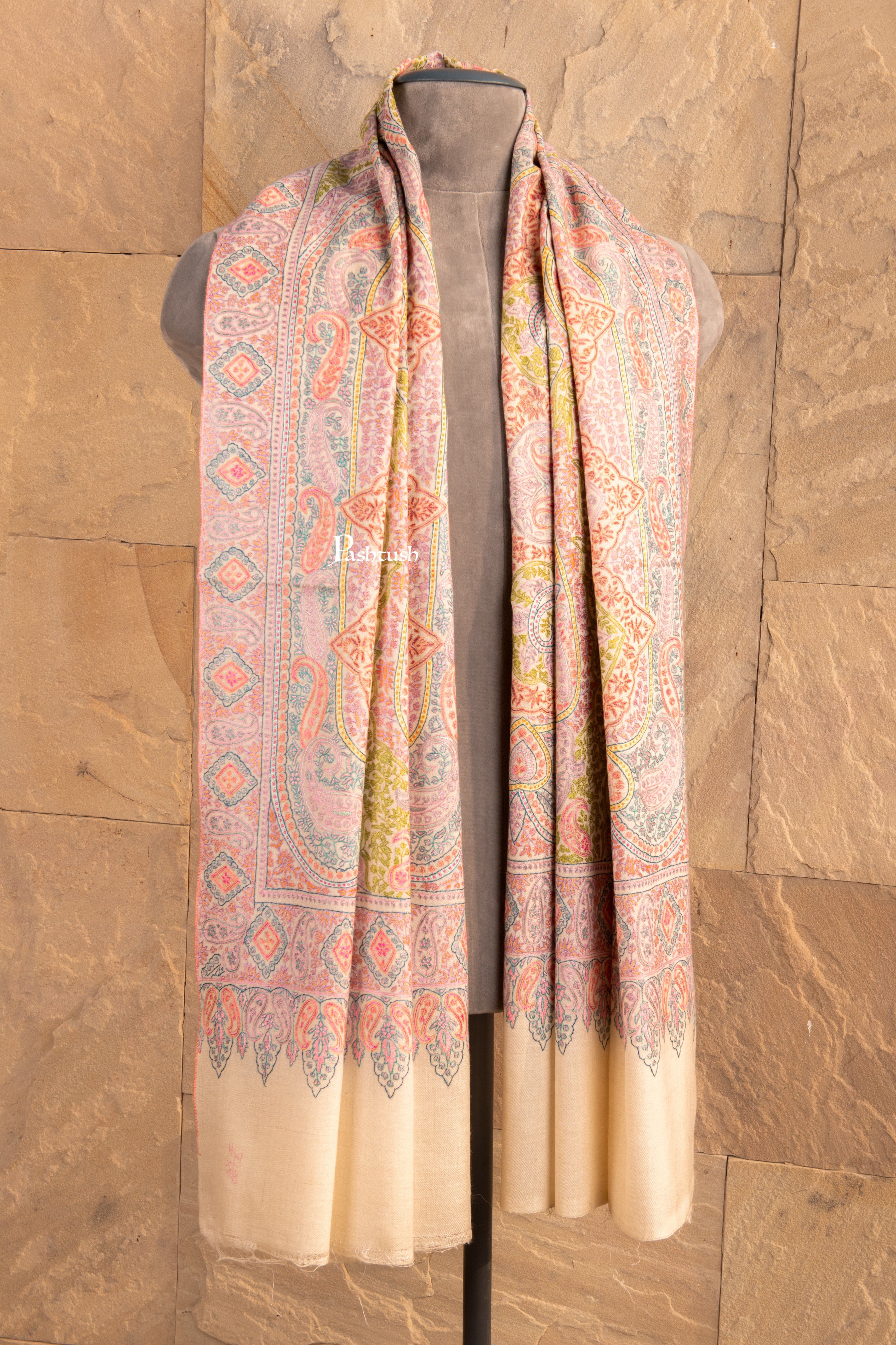 Pashtush Pure Pashmina Shawl Sozne White Jama in Soft Ivory with Pastel Sozni Embroidery