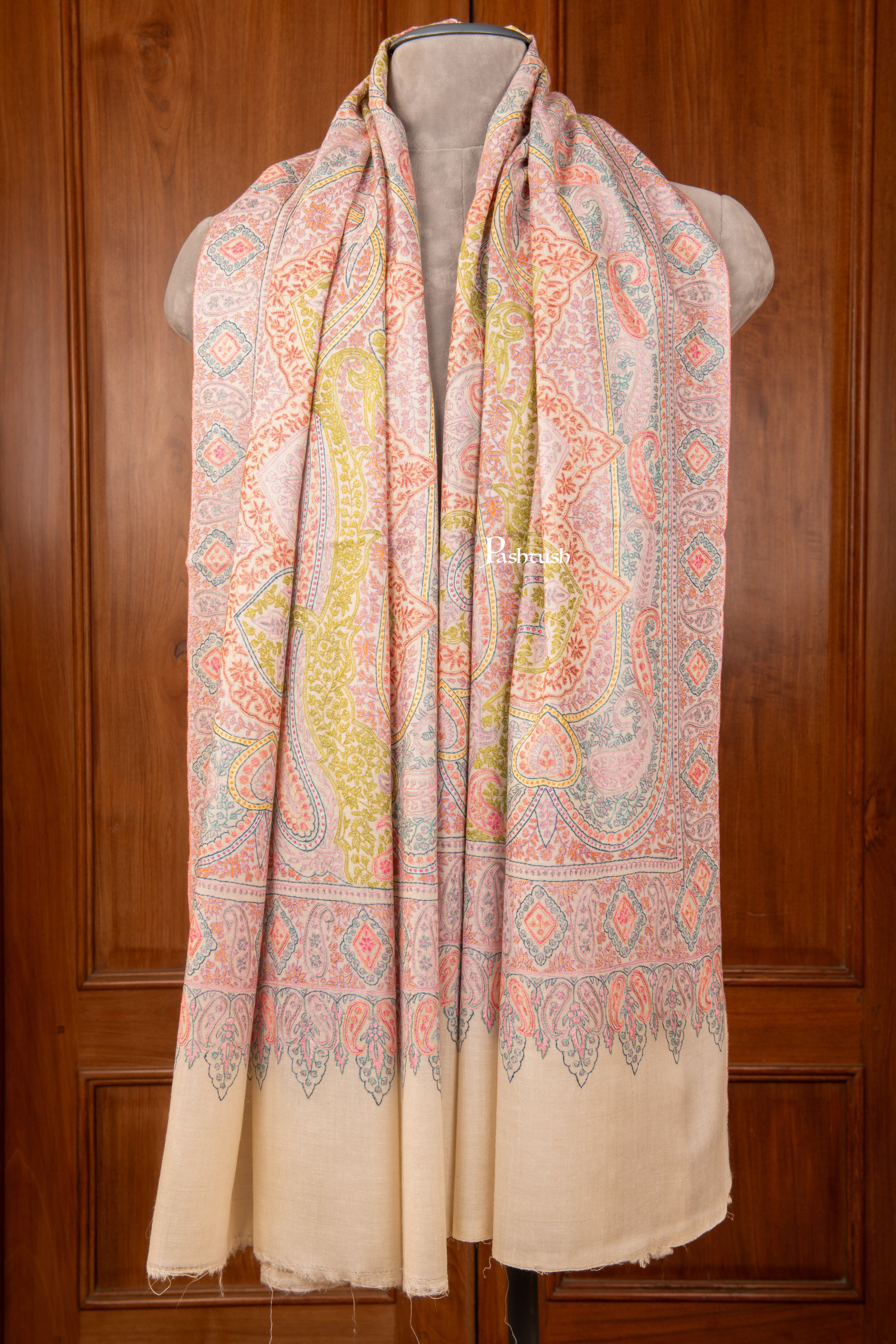 Pashtush Pure Pashmina Shawl Sozne White Jama in Soft Ivory with Pastel Sozni Embroidery - Image 3
