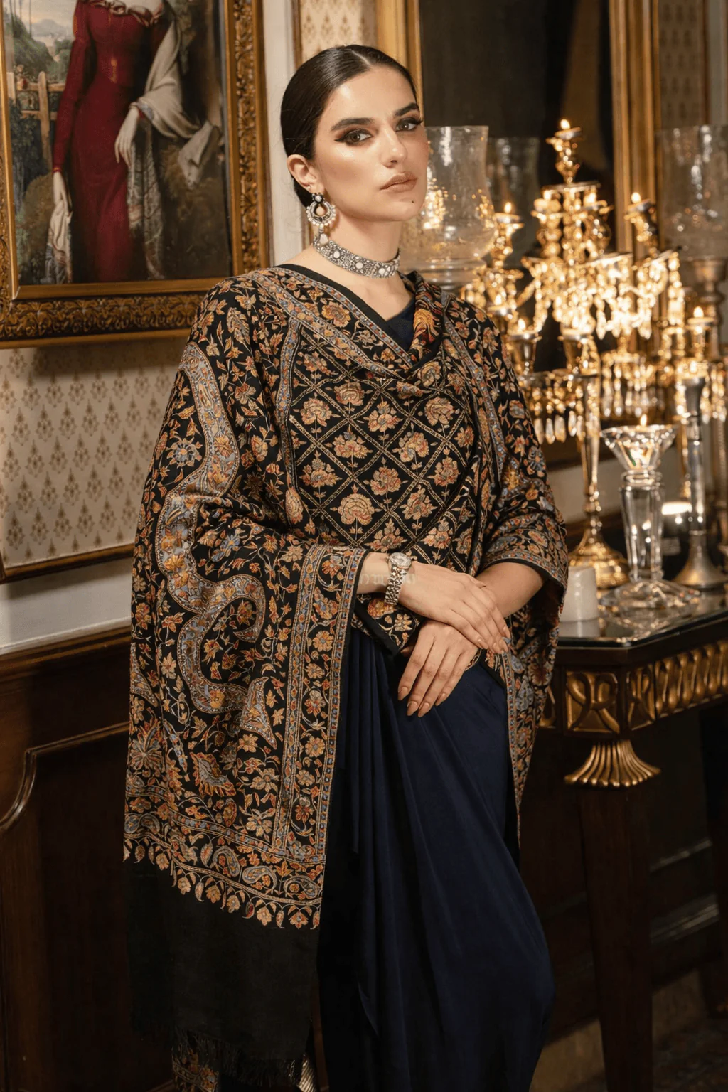 Pashtush Pure Pashmina Shawl Paper Mache Jama, A Heritage Tapestry of Fine Embroidery Black
