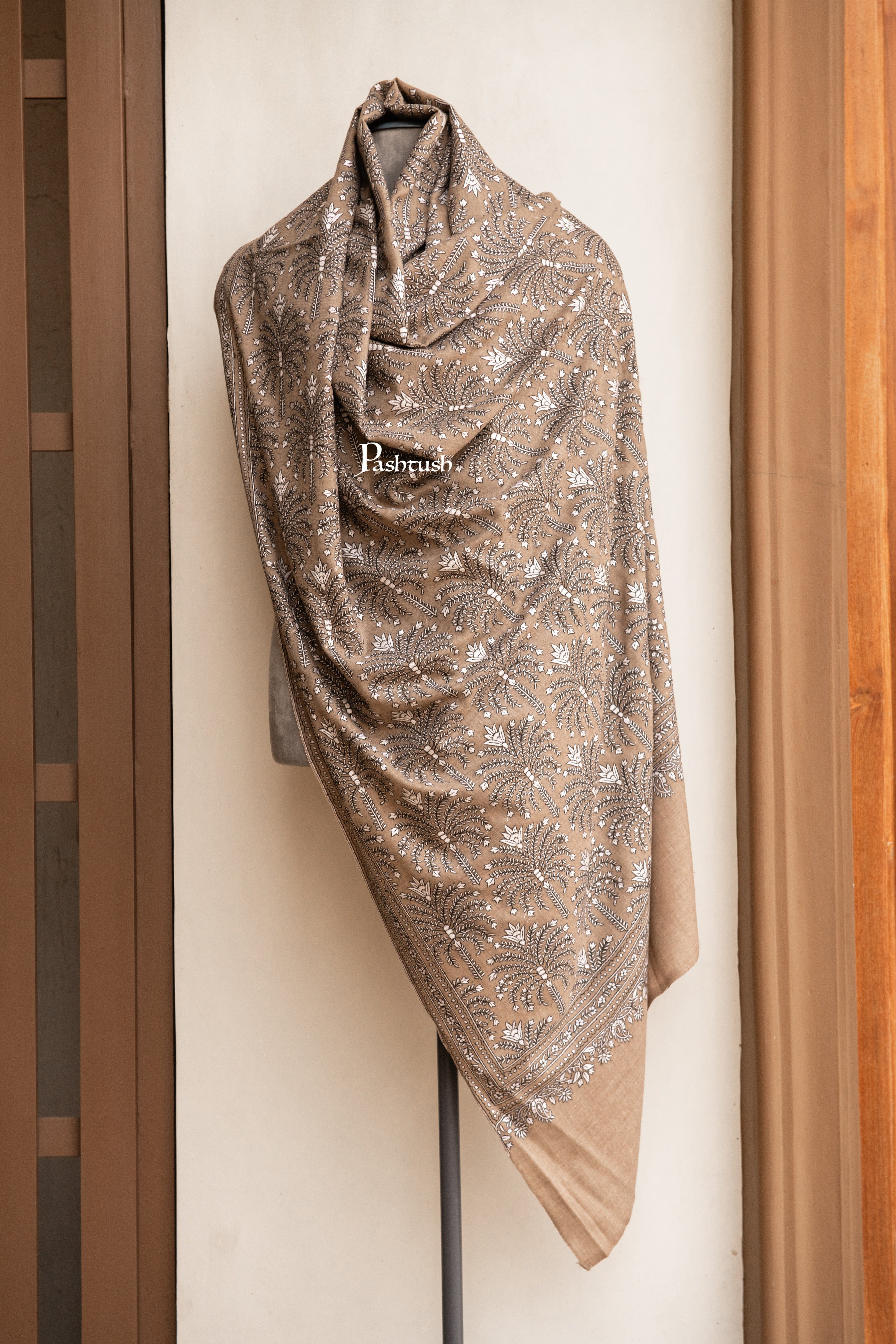 Pashtush Mens Pashmina Shawl, Handwoven Hand Embroidered , with Muted tones, full size , Beige