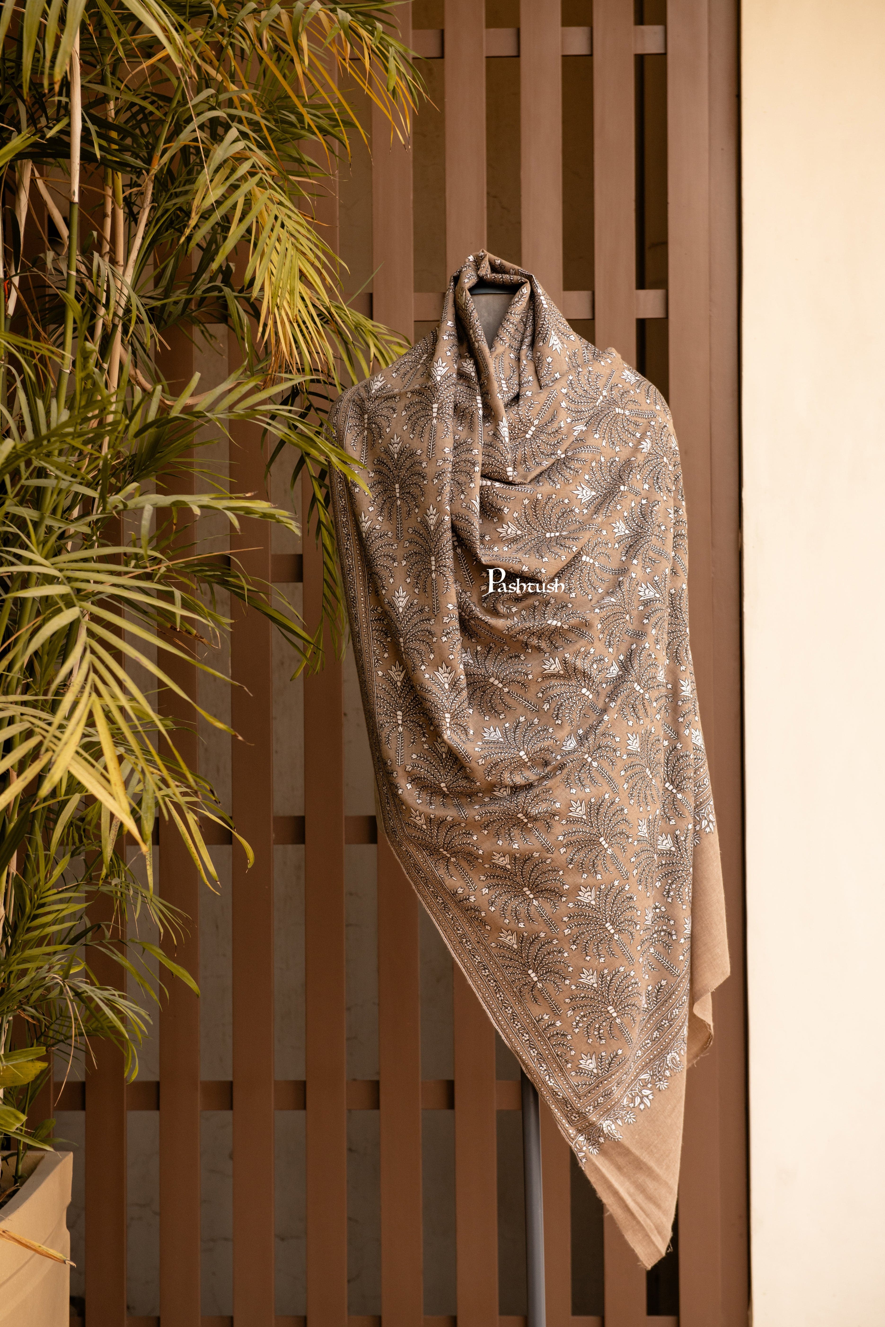 Pashtush Mens Pashmina Shawl, Handwoven Hand Embroidered , with Muted tones, full size , Beige - Image 5