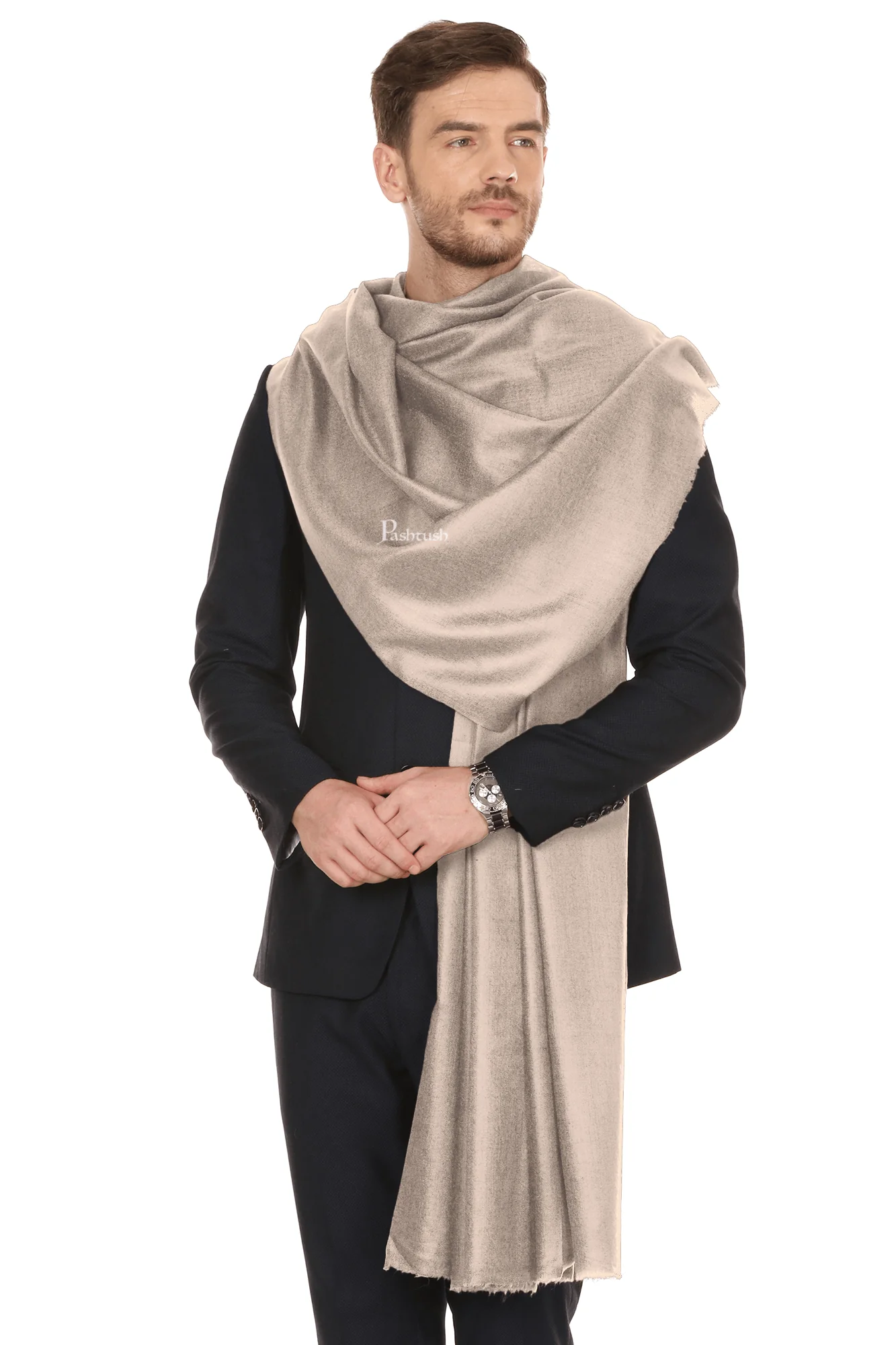 Pashtush Royal And Classy Fine Wool Mens Stole, Solid Beige - Image 7