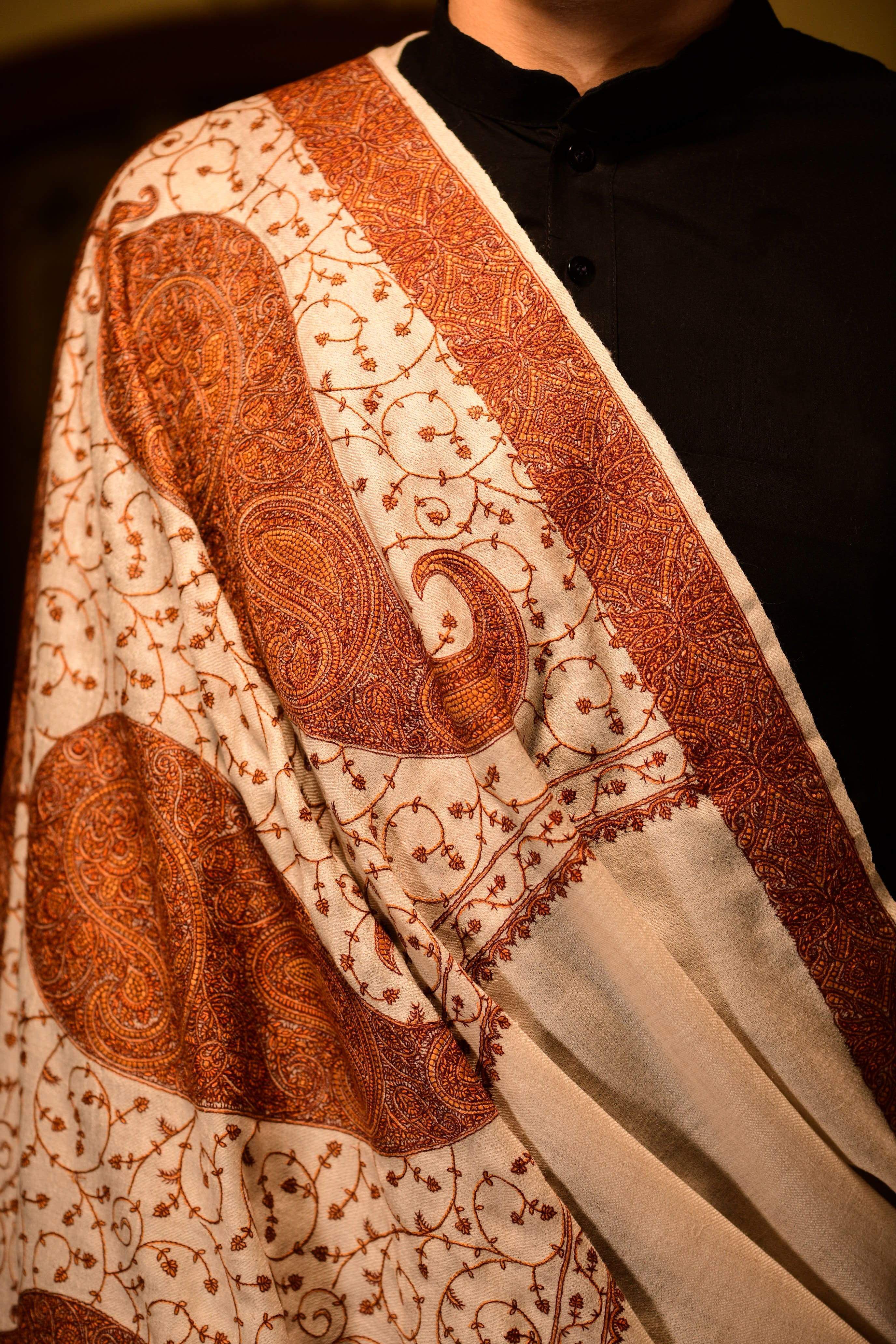 Pashtush Super Fine Embroidery Ring Shawl, Full Size - Beige - Image 2