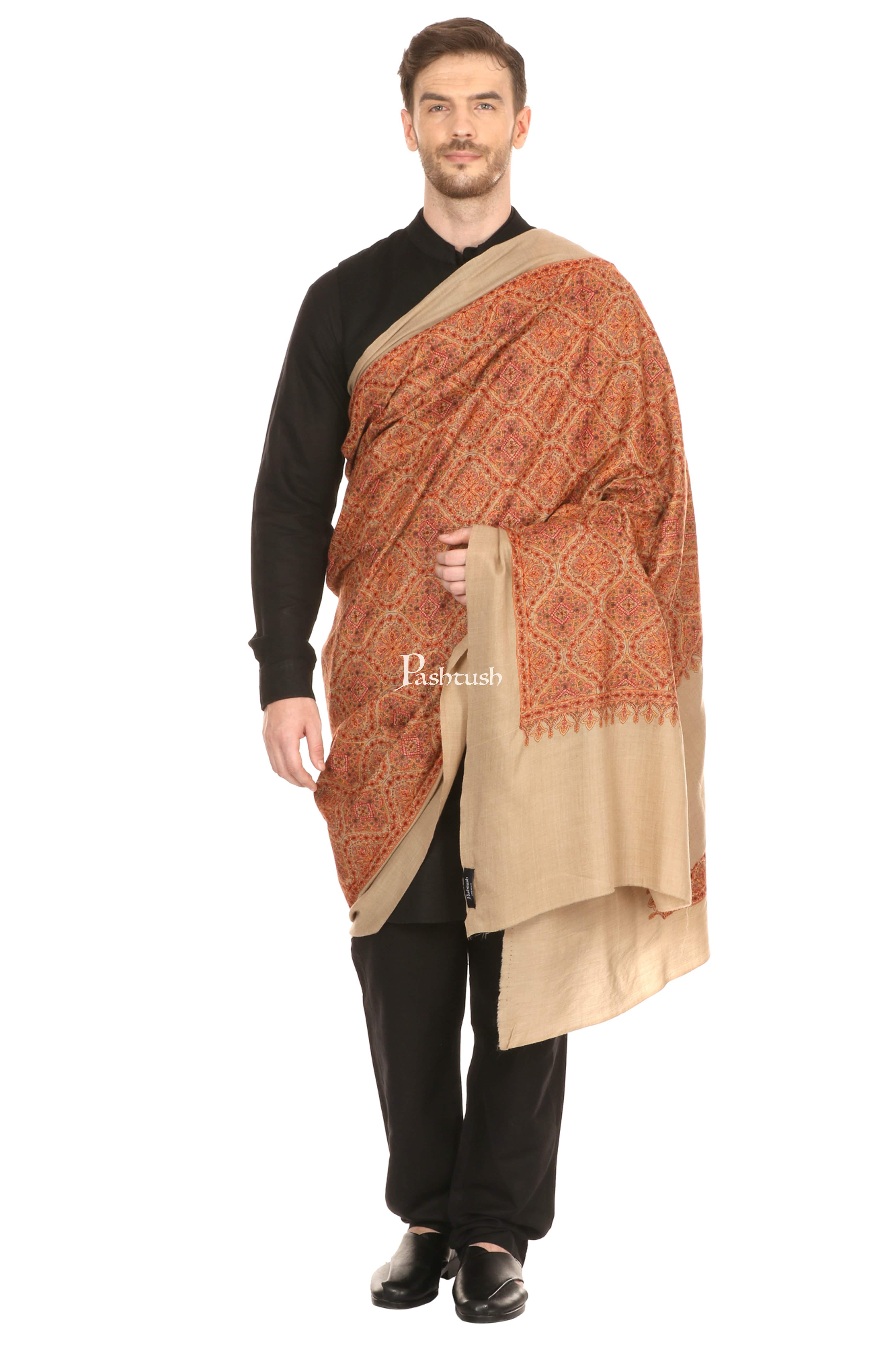 Pashtush Super Fine Embroidery Pure Wool, Ring Shawl, Full Size - Taupe - Image 4