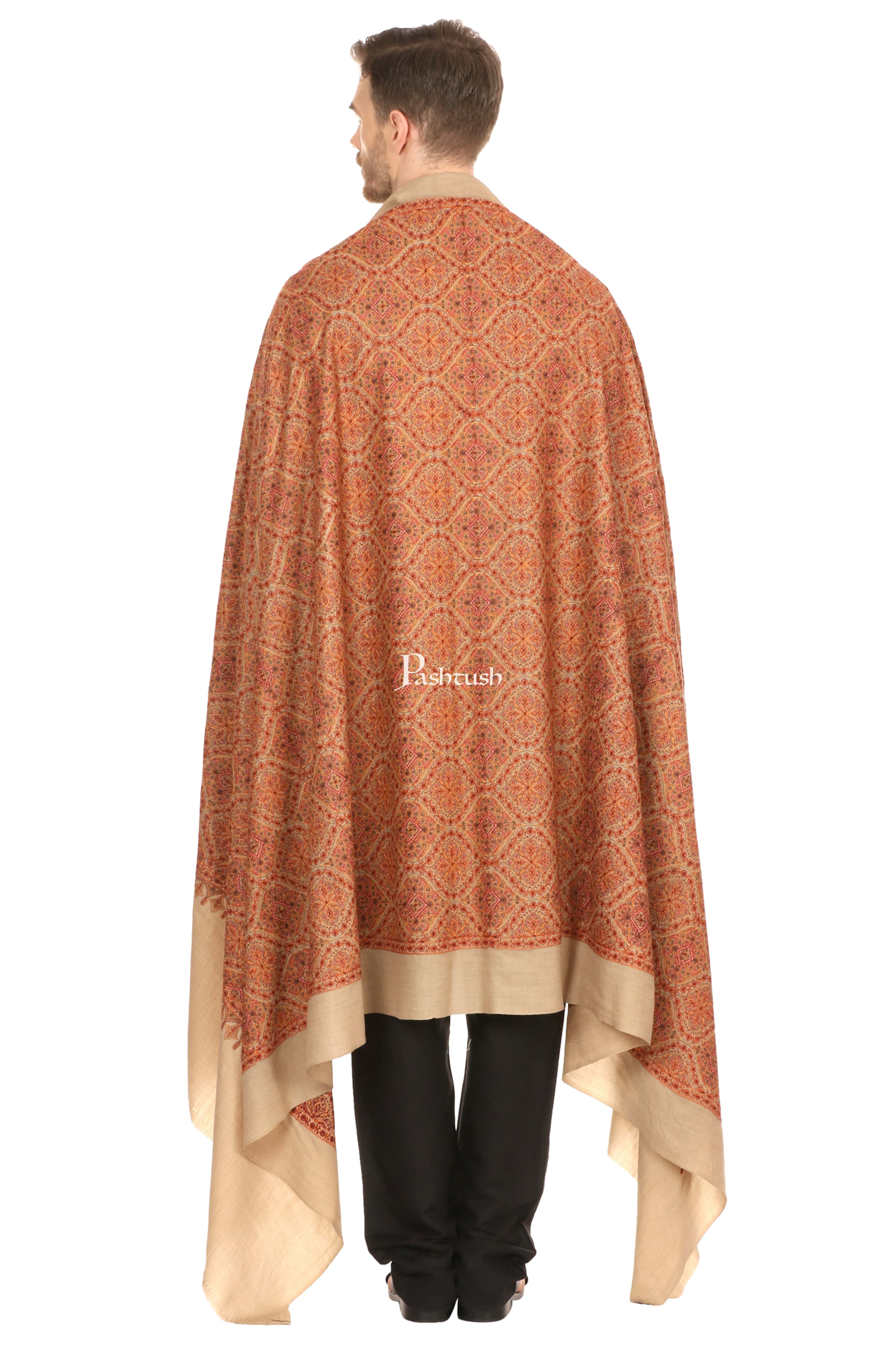 Pashtush Super Fine Embroidery Pure Wool, Ring Shawl, Full Size - Taupe - Image 5