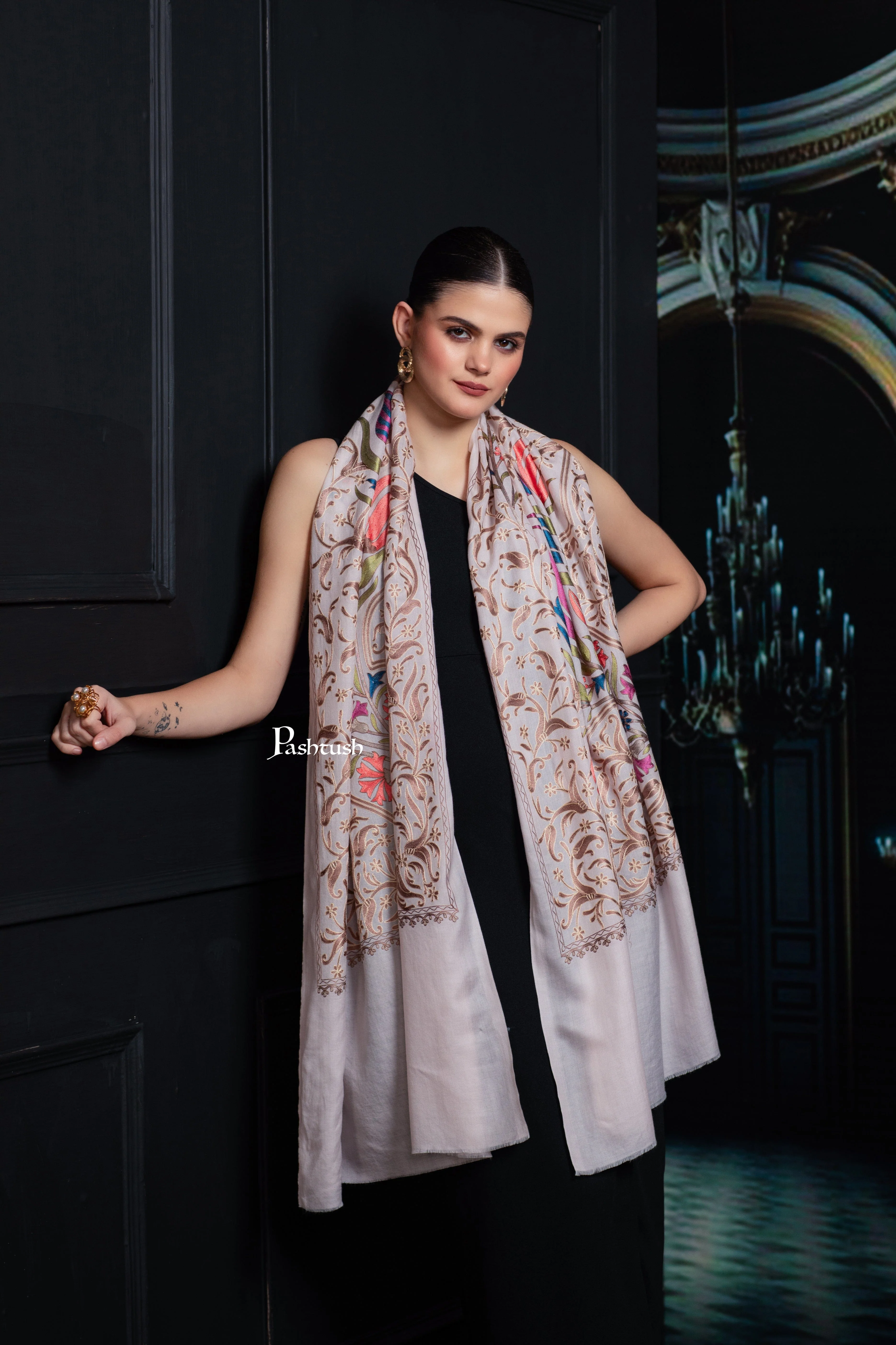 Pashtush Tres Chic Regal Collection, Floral Embroidery, Extra Soft Fine Wool Stole, Scarf, Soft Pink - Image 4