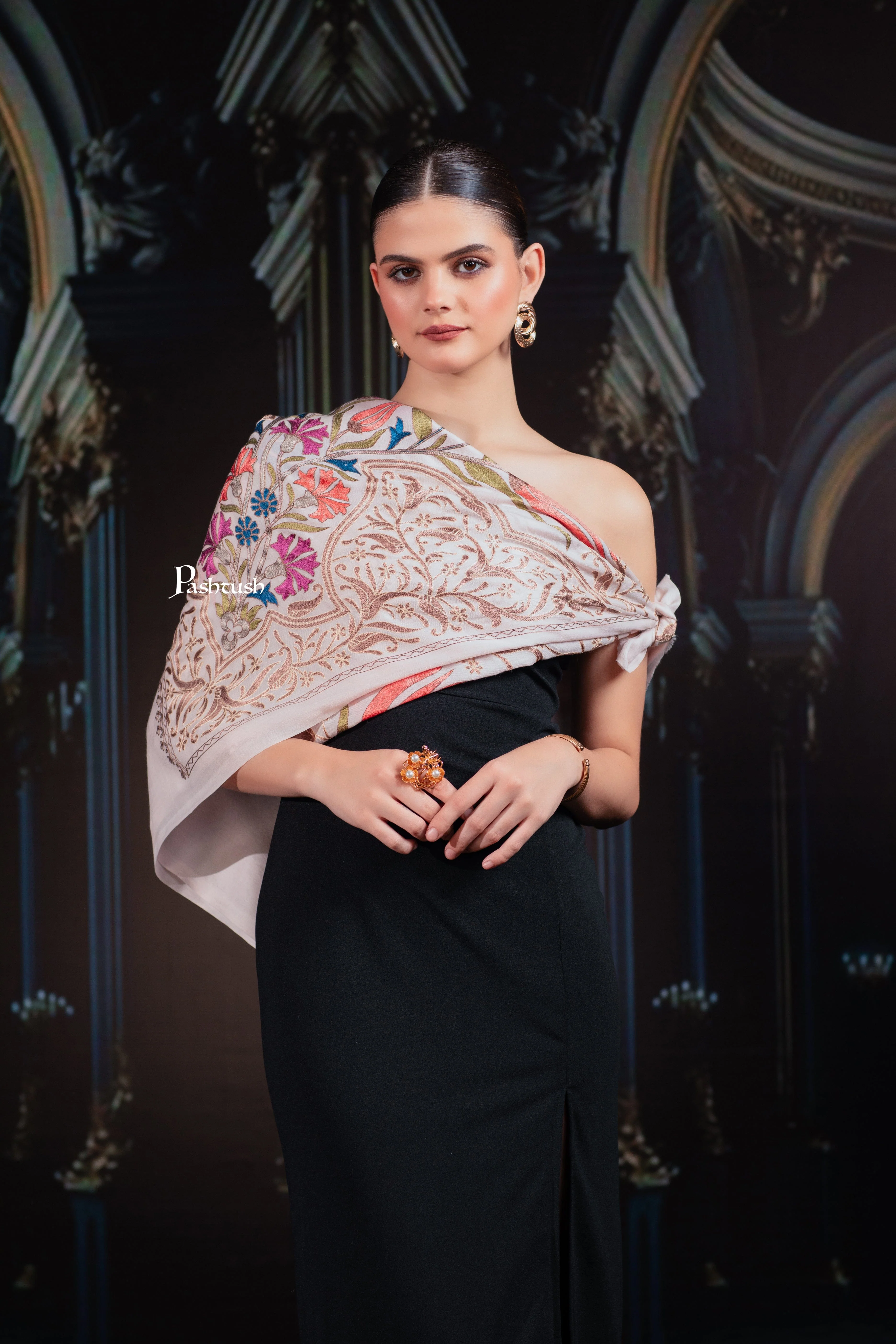 Pashtush Tres Chic Regal Collection, Floral Embroidery, Extra Soft Fine Wool Stole, Scarf, Soft Pink - Image 6