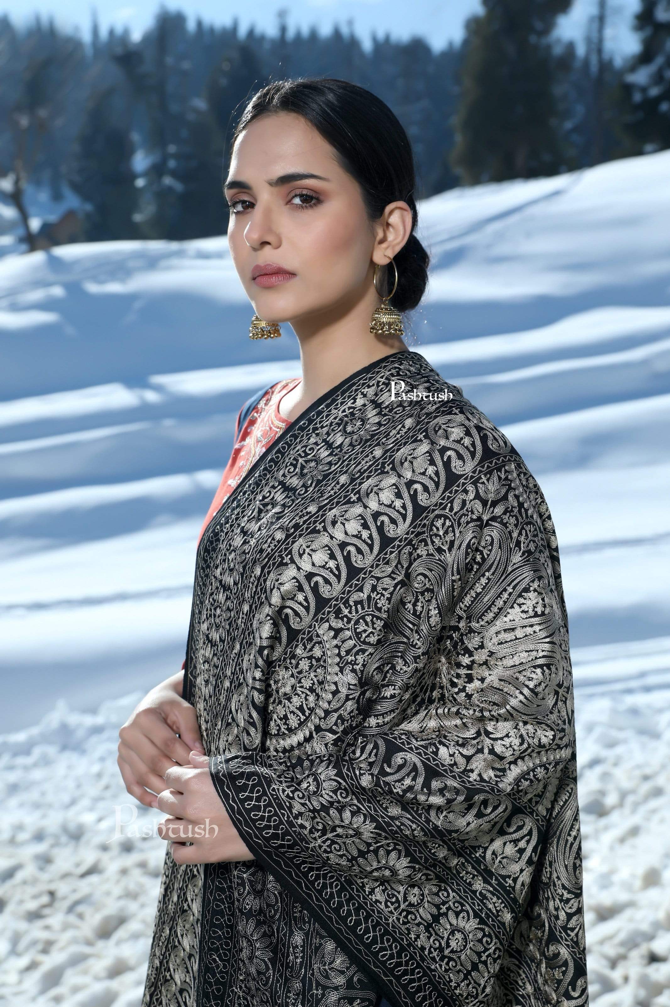 Pashtush Tres Chic Regal Collection, Soft Wool Embroidery Nalki Shawl Scarf, Black - Image 2