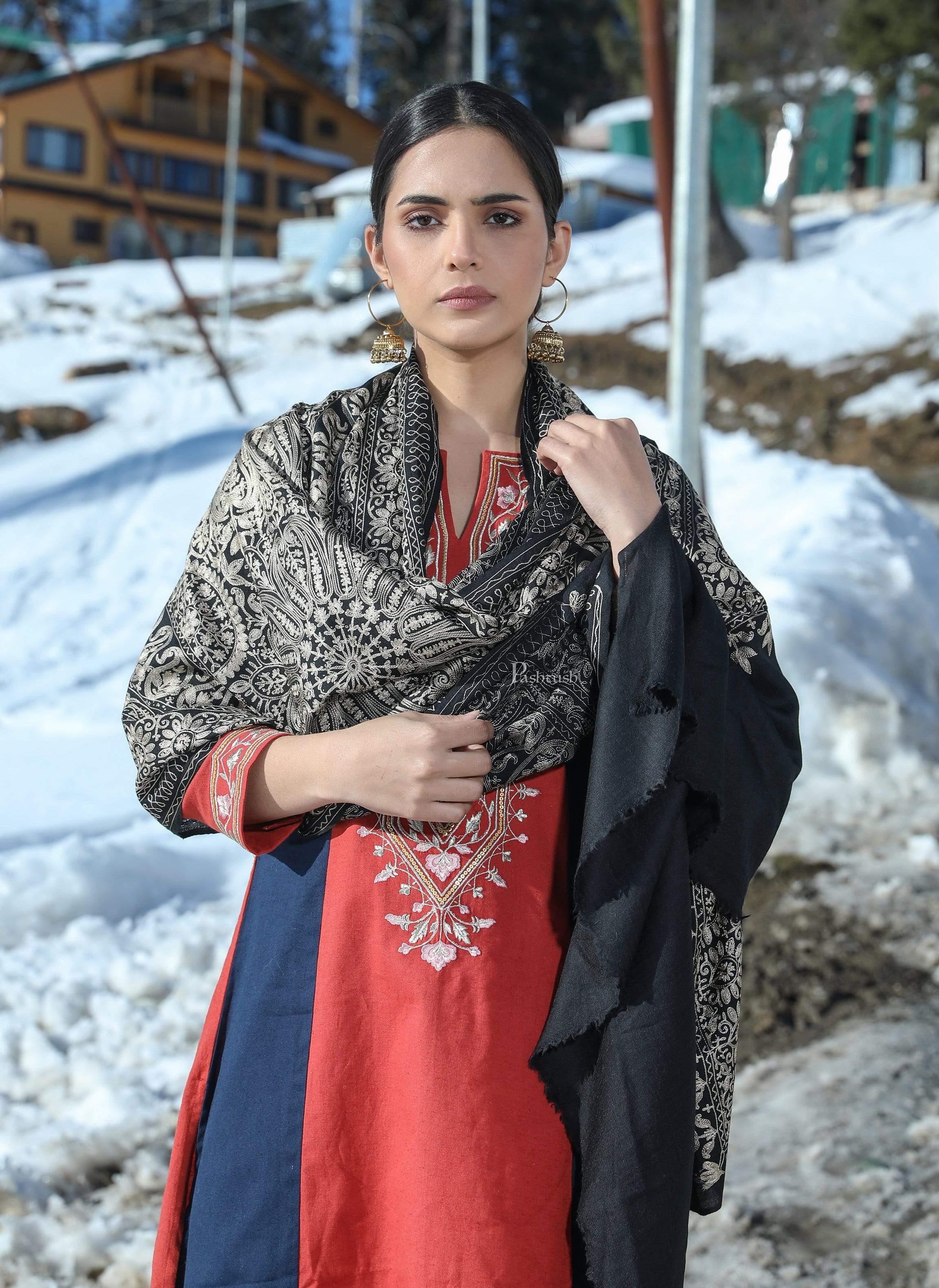 Pashtush Tres Chic Regal Collection, Soft Wool Embroidery Nalki Shawl Scarf, Black - Image 3