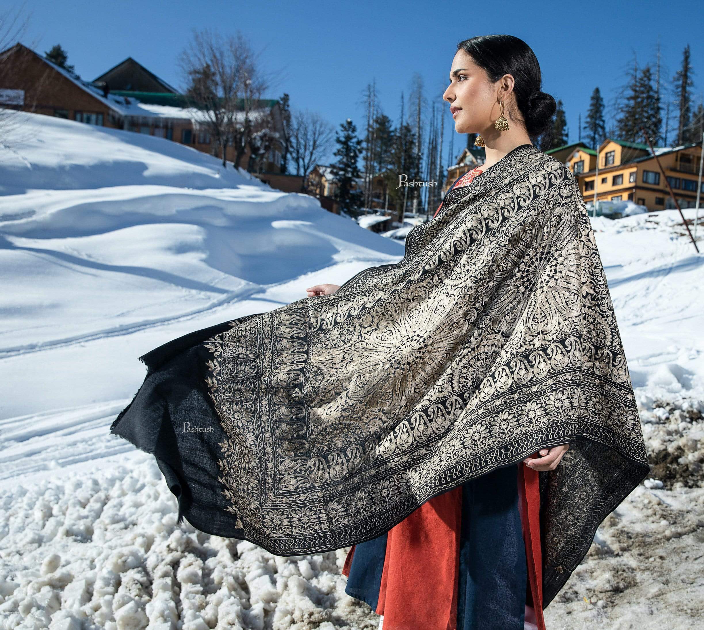 Pashtush Tres Chic Regal Collection, Soft Wool Embroidery Nalki Shawl Scarf, Black - Image 4