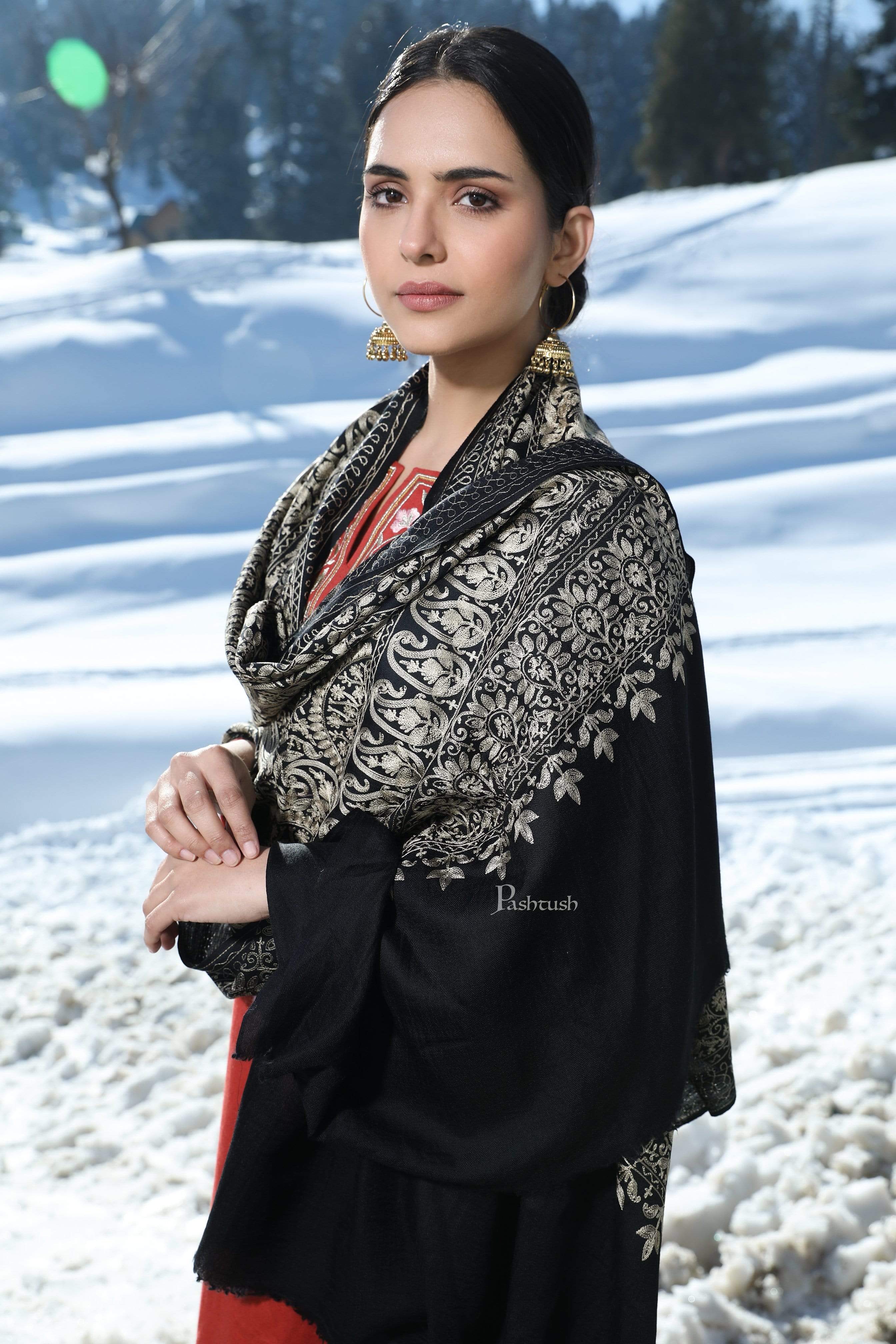 Pashtush Tres Chic Regal Collection, Soft Wool Embroidery Nalki Shawl Scarf, Black - Image 5