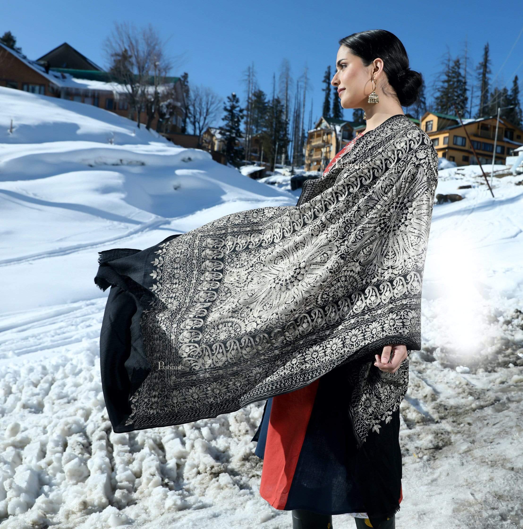 Pashtush Tres Chic Regal Collection, Soft Wool Embroidery Nalki Shawl Scarf, Black - Image 7