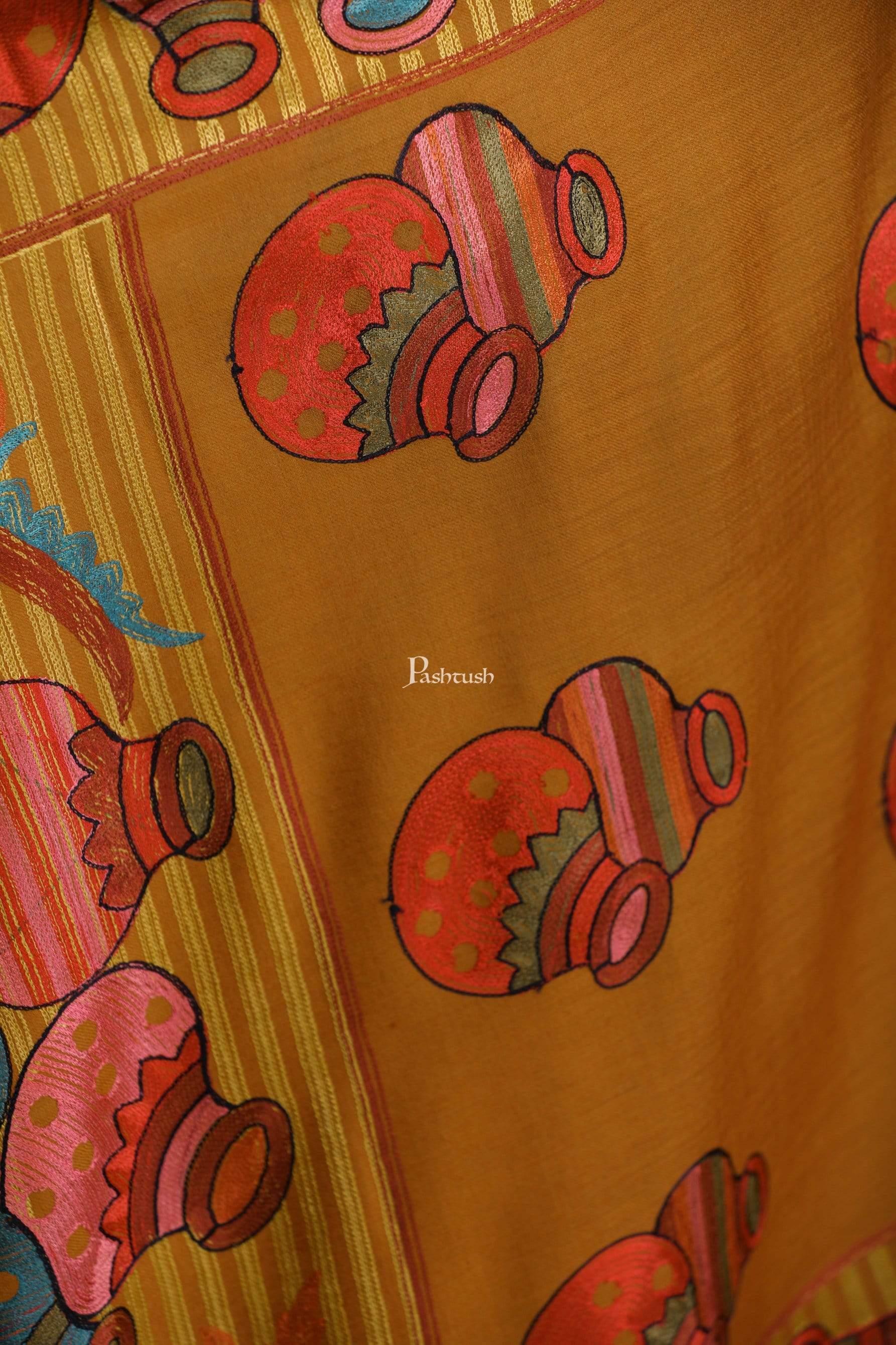 Pashtush Tres Chic Regal Collection, Wool Embroidery Nalki Shawl Scarf, Mustard Yellow - Image 2