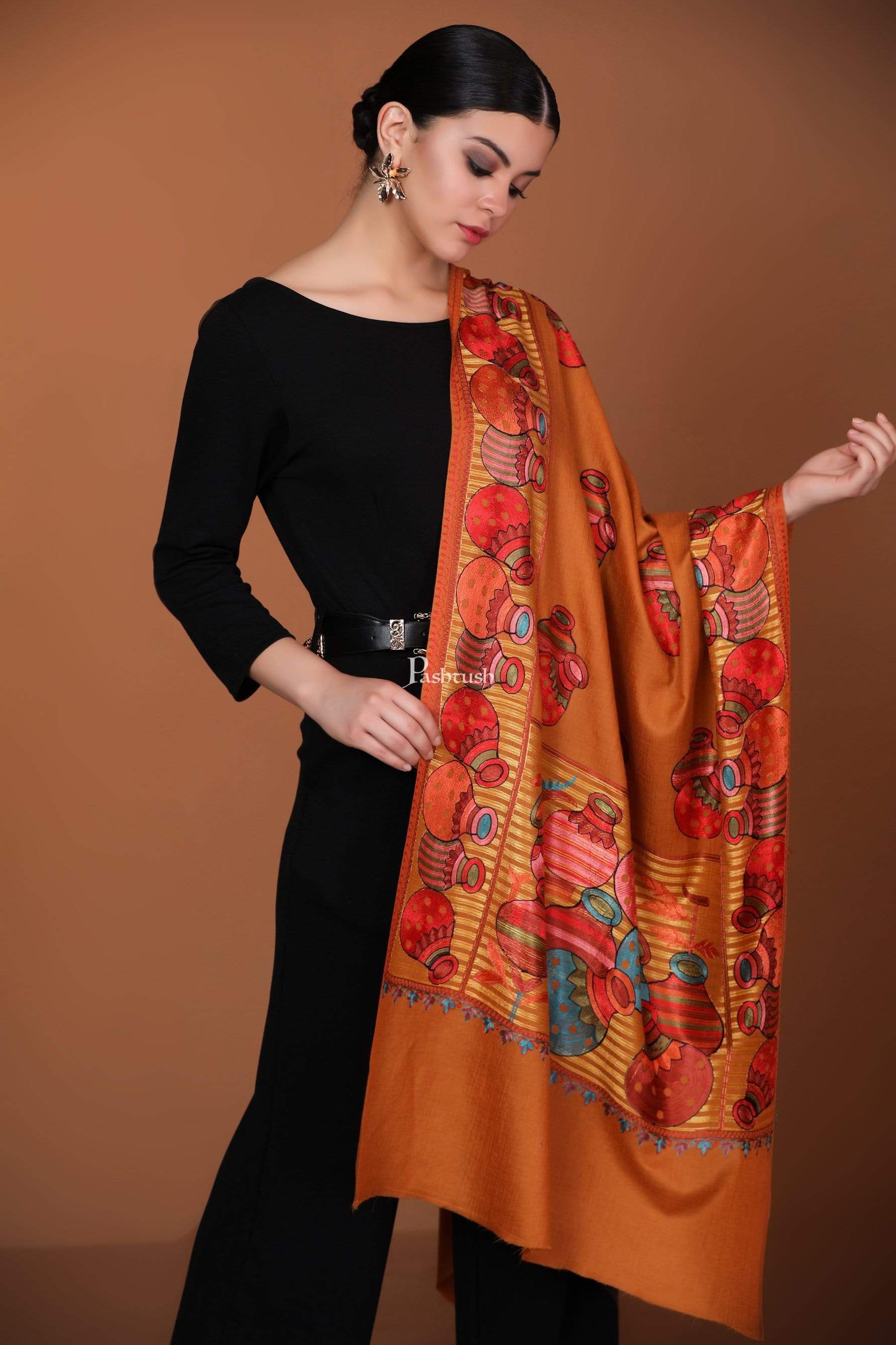 Pashtush Tres Chic Regal Collection, Wool Embroidery Nalki Shawl Scarf, Mustard Yellow - Image 4