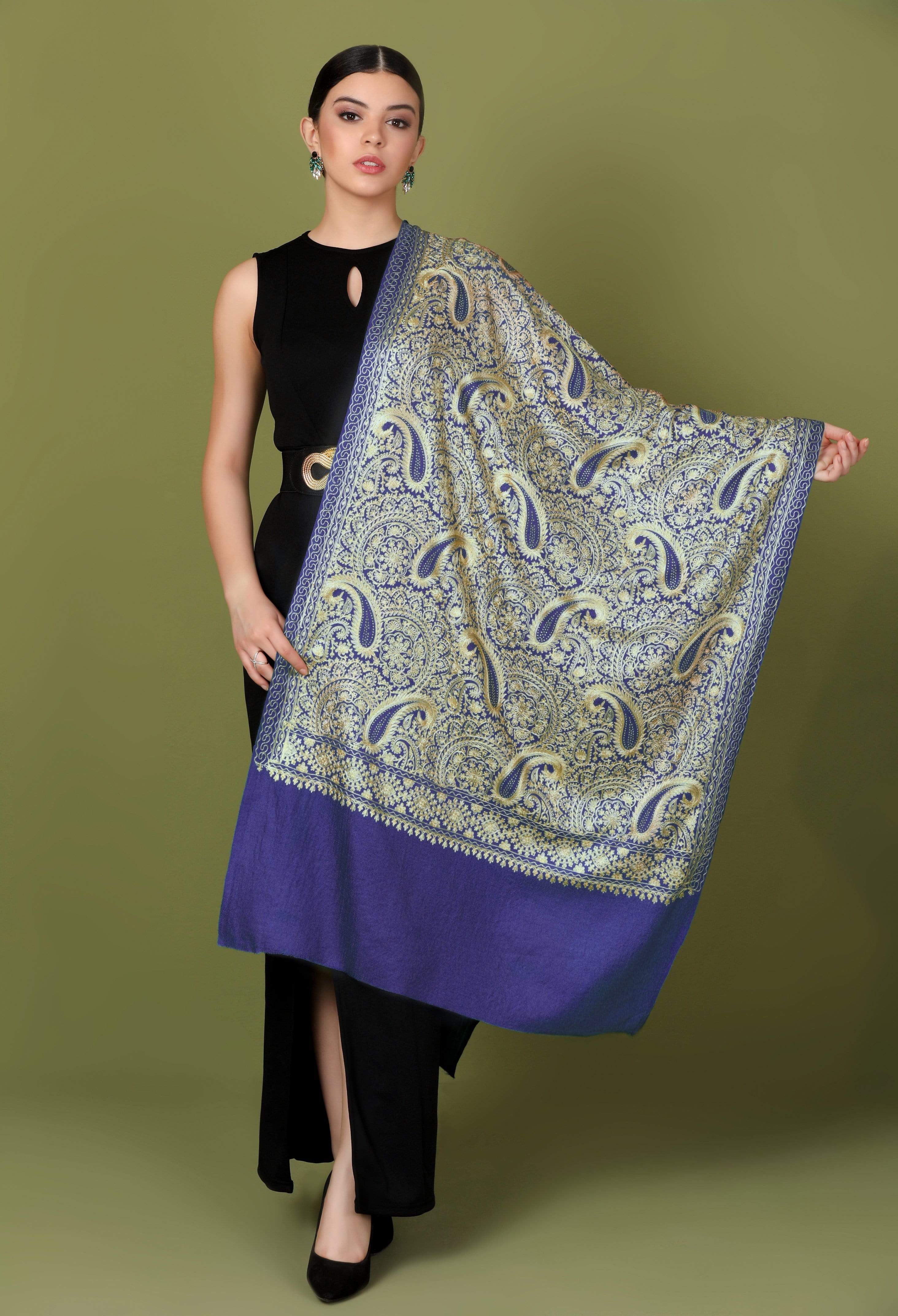 Pashtush Tres Chic Regal Collection, Wool Embroidery Nalki Shawl Scarf, Deep Violet