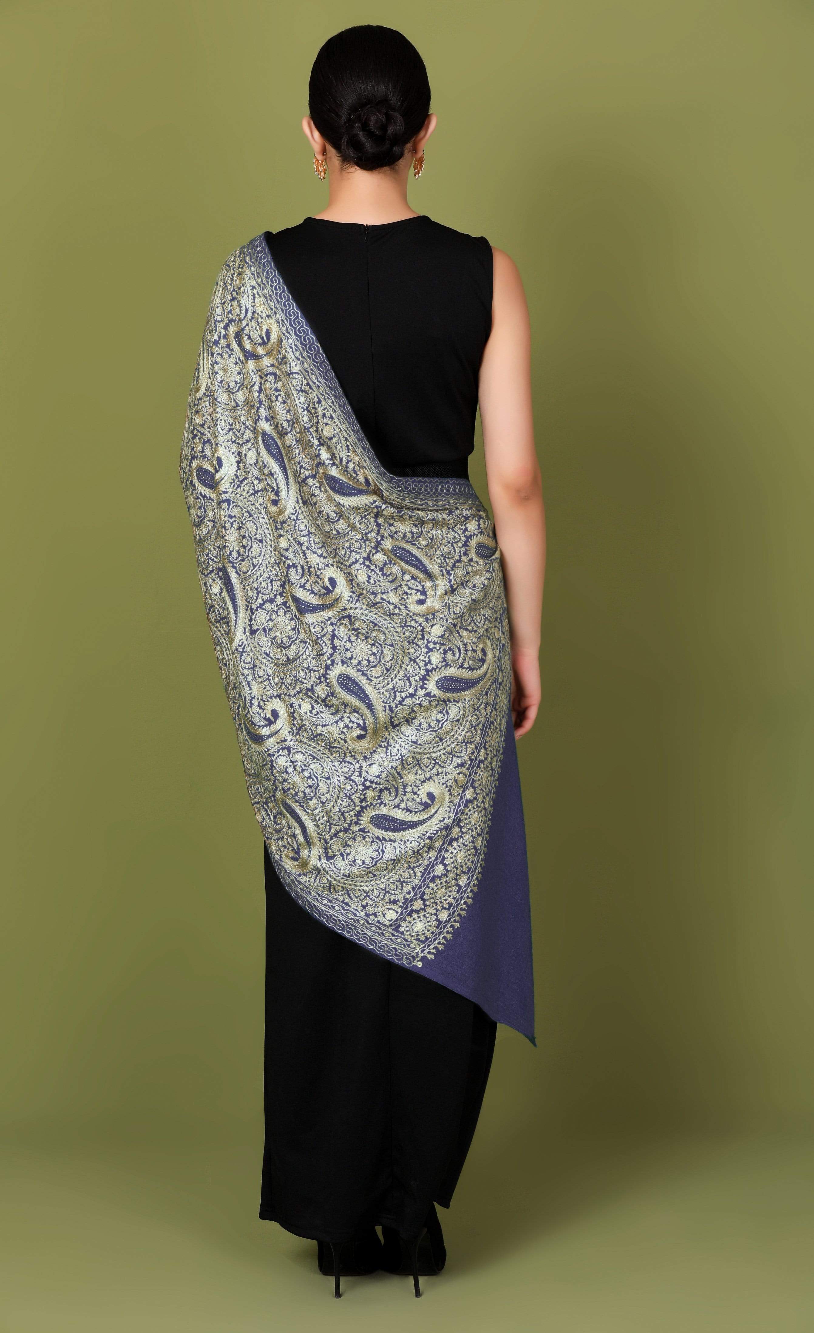 Pashtush Tres Chic Regal Collection, Wool Embroidery Nalki Shawl Scarf, Deep Violet - Image 3