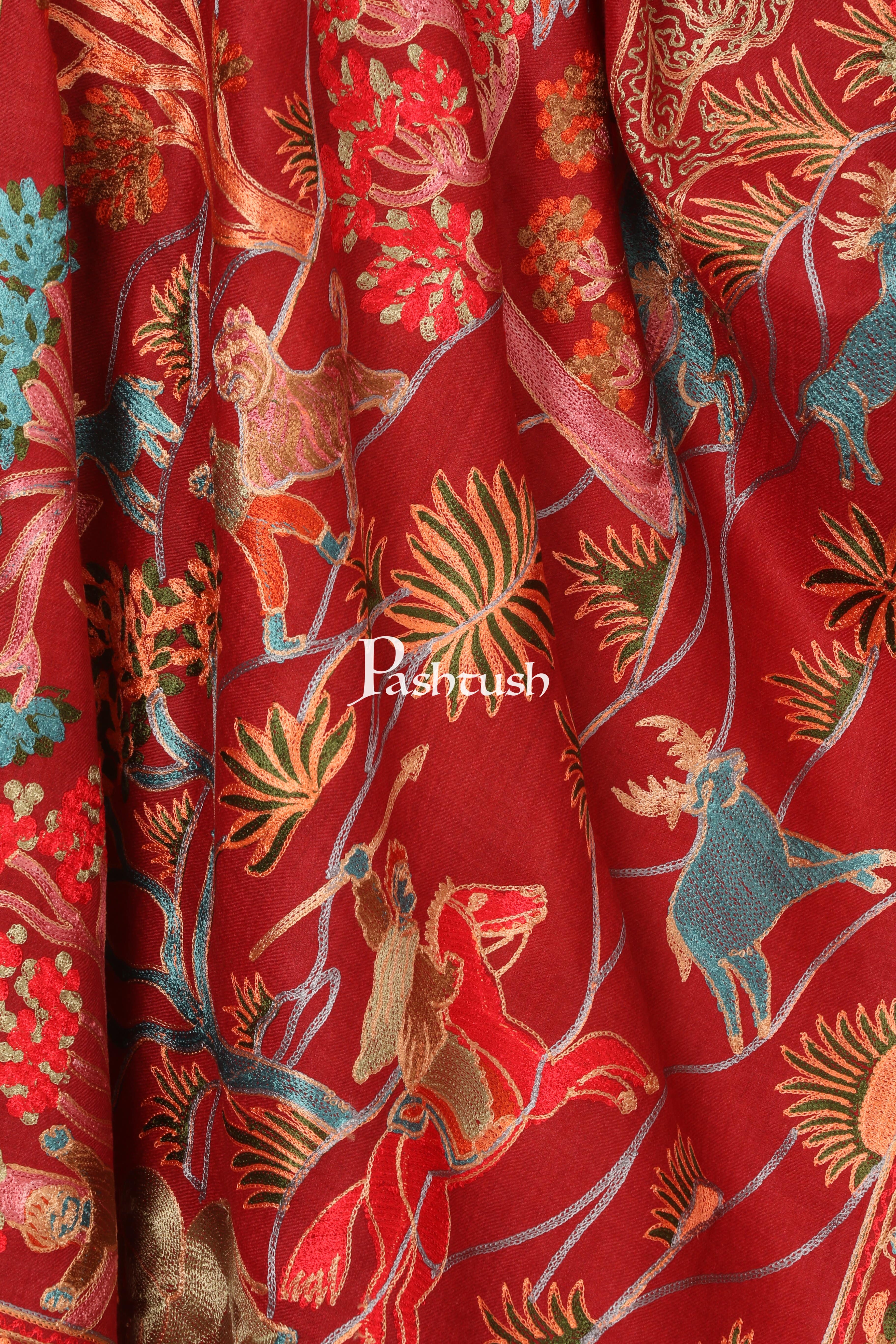 Pashtush Tres Chic Regal Collection, Wool Embroidery Nalki Shawl Scarf, Crimson