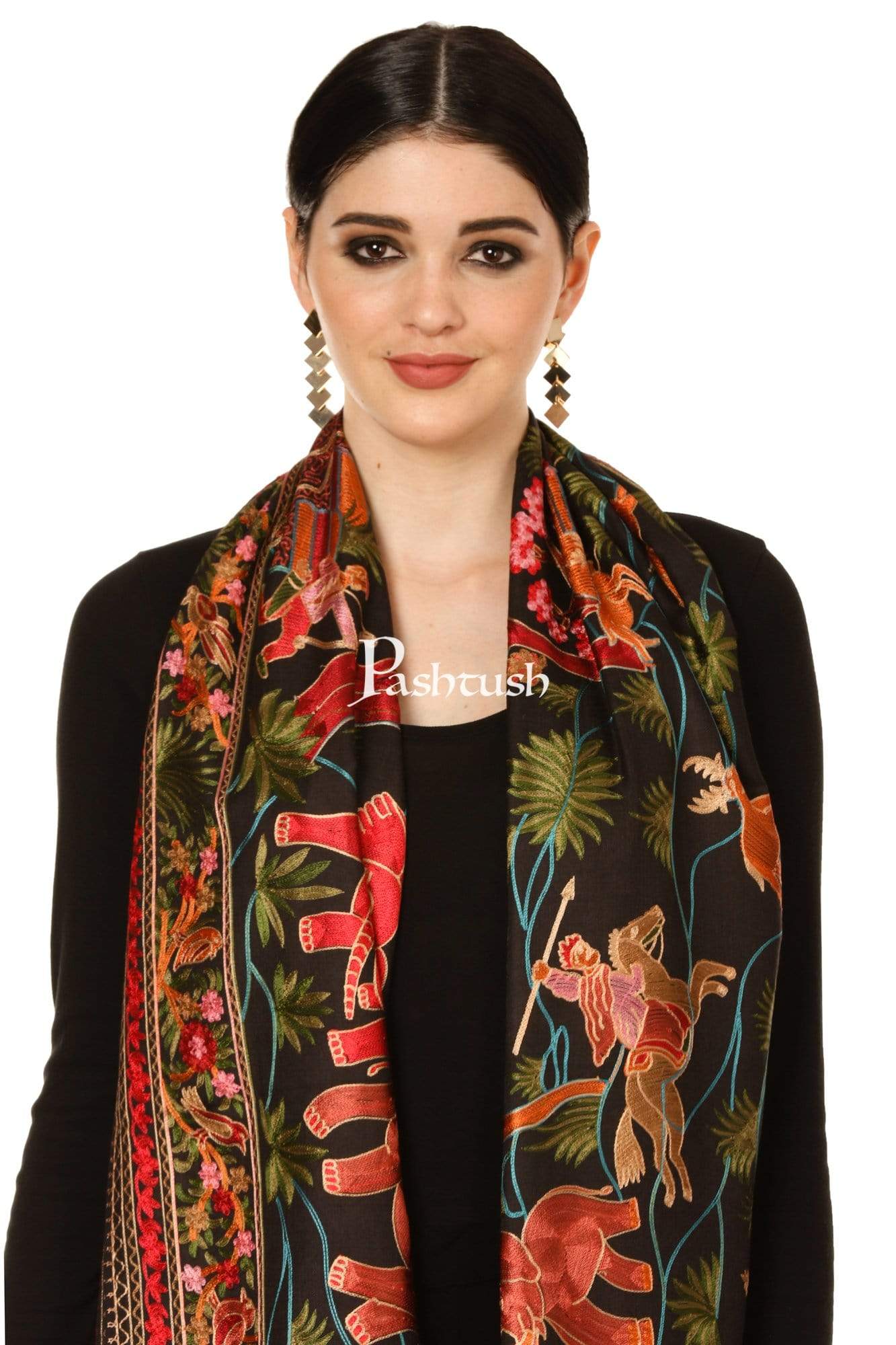 Pashtush Tres Chic Regal Collection, Wool Embroidery Nalki Shawl Scarf, Rich Black - Image 5