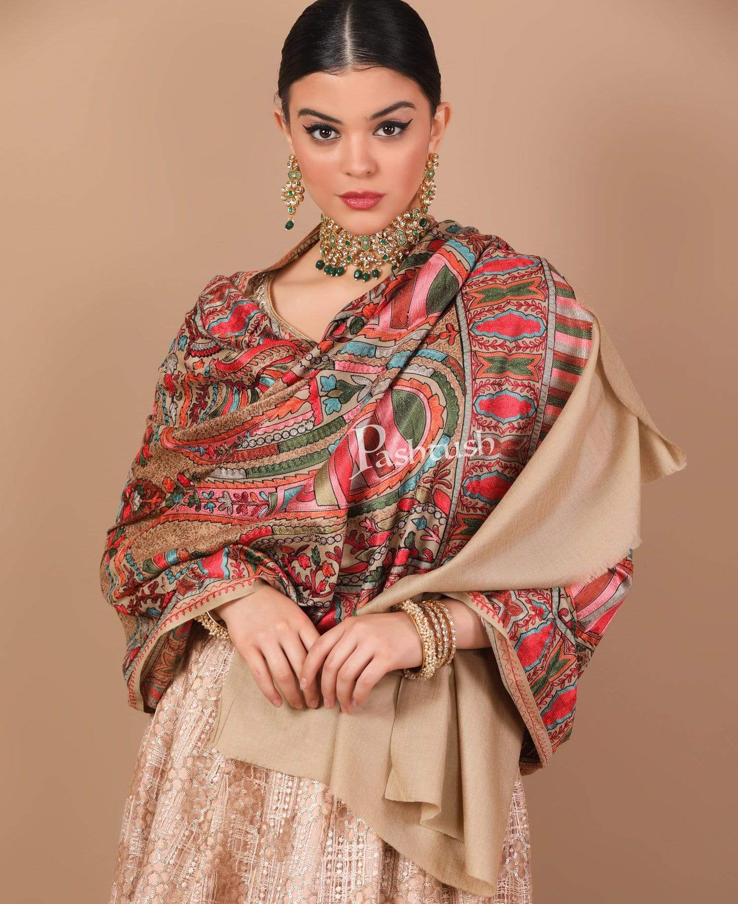 Pashtush Tres Chic Regal Collection, Wool Embroidery Nalki Shawl Scarf - Image 5