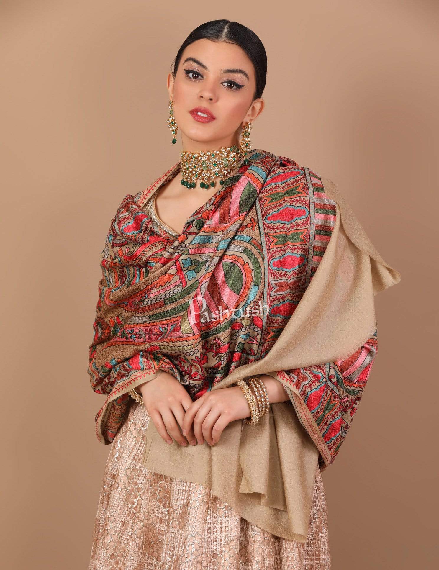 Pashtush Tres Chic Regal Collection, Wool Embroidery Nalki Shawl Scarf - Image 6