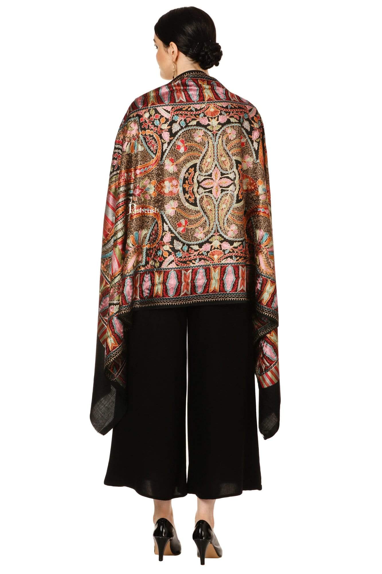 Pashtush Tres Chic Regal Collection, Wool Embroidery Nalki Shawl Scarf, Rich Black - Image 5