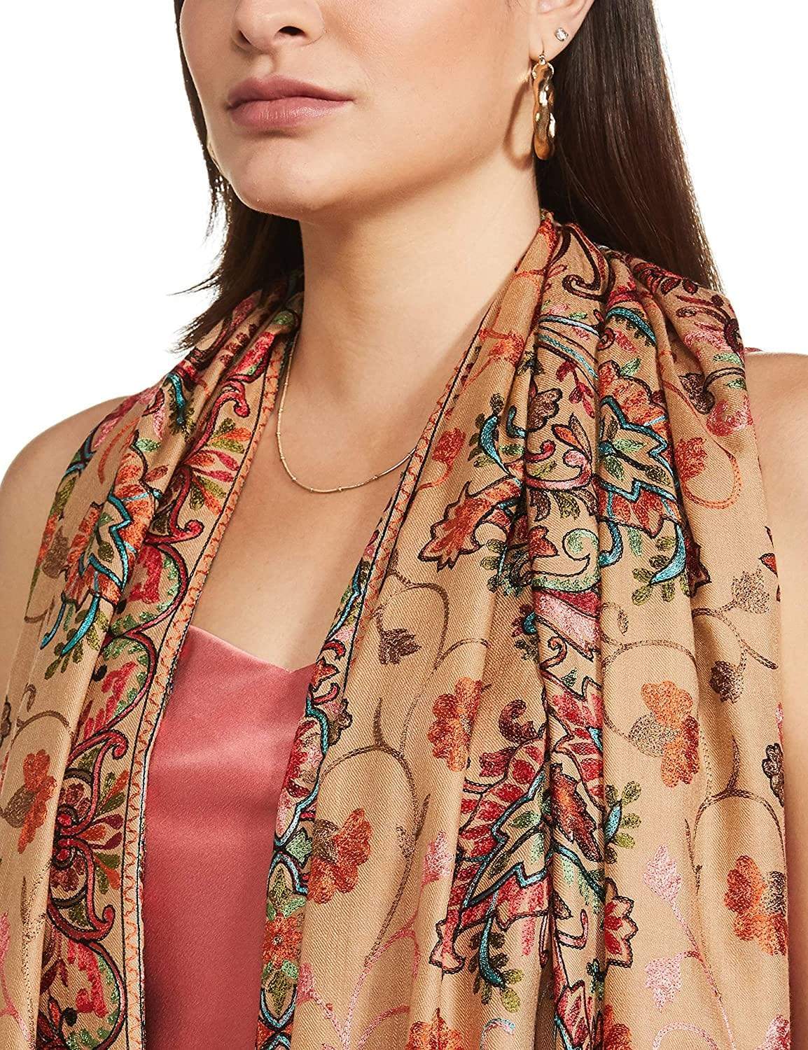 Pashtush Tres Chic Regal Collection, Wool Embroidery Nalki Shawl Scarf, Sahara Beige - Image 3