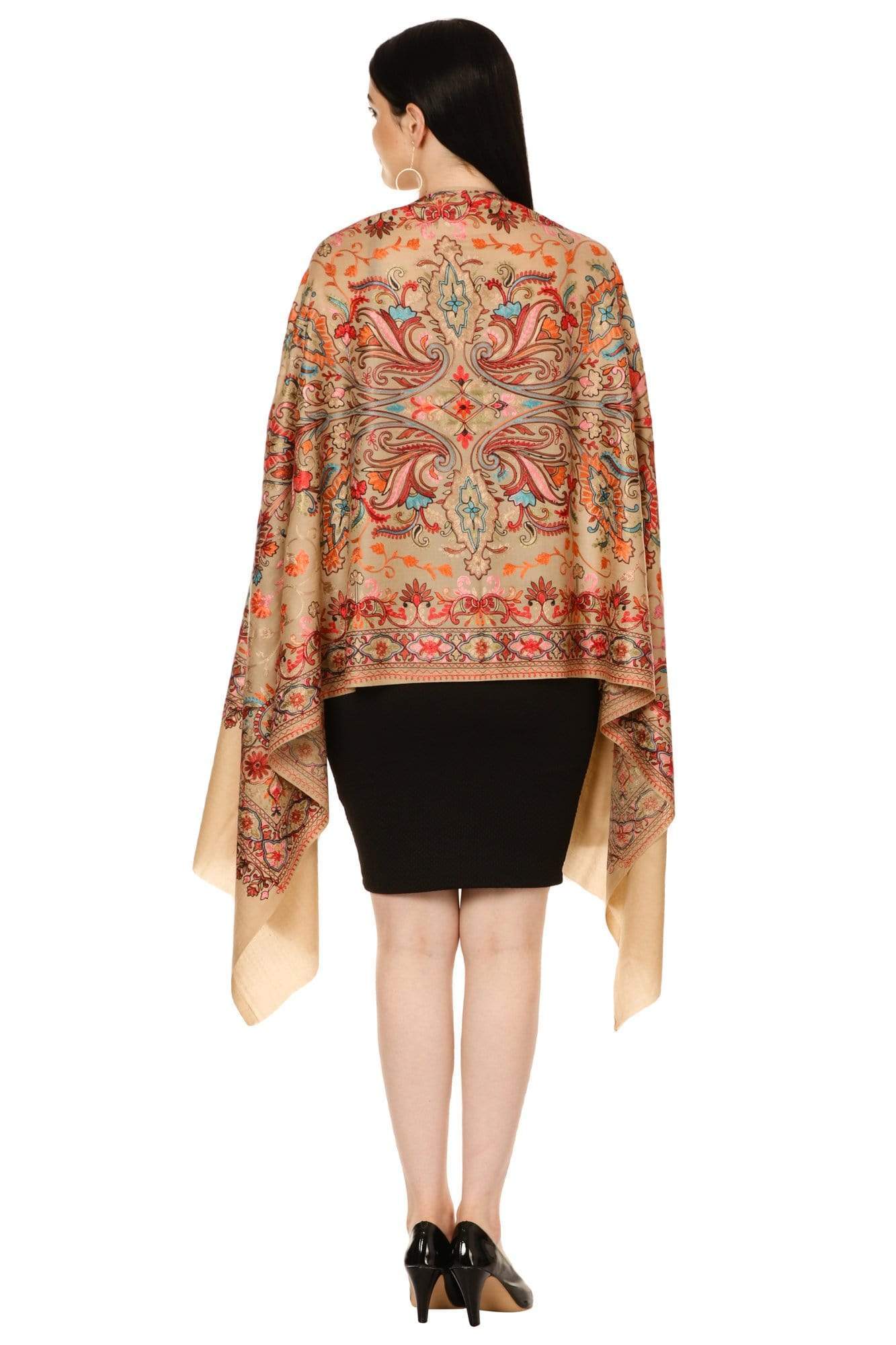 Pashtush Tres Chic Regal Collection, Wool Embroidery Nalki Shawl Scarf, Sahara Beige - Image 5