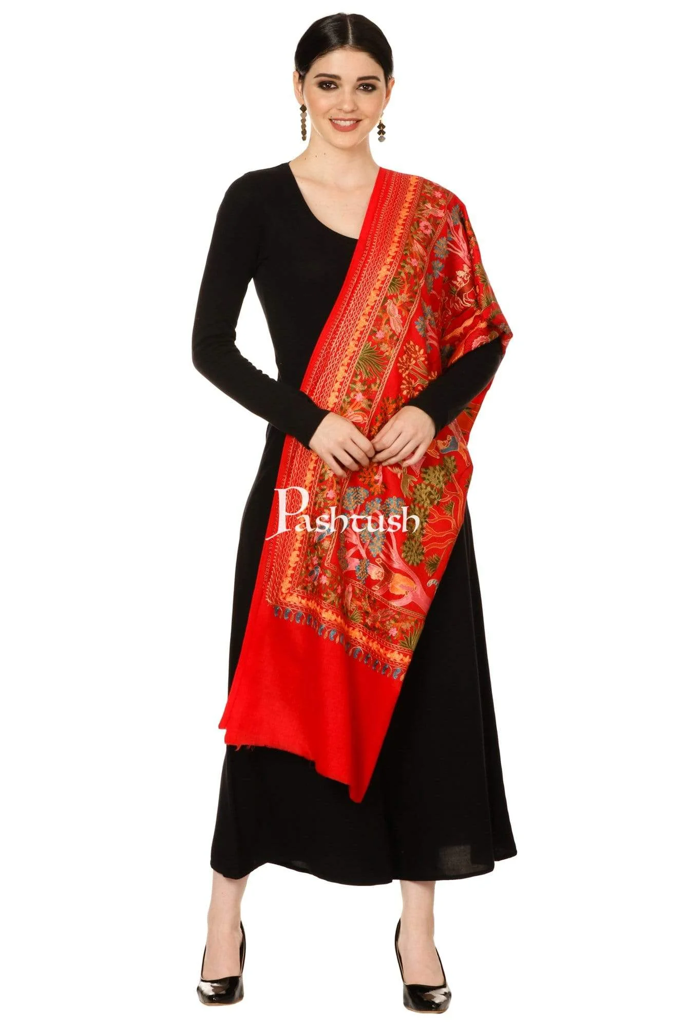 Pashtush Tres Chic Regal Collection, Wool Embroidery Nalki Shawl Scarf, Scarlet Red - Image 4