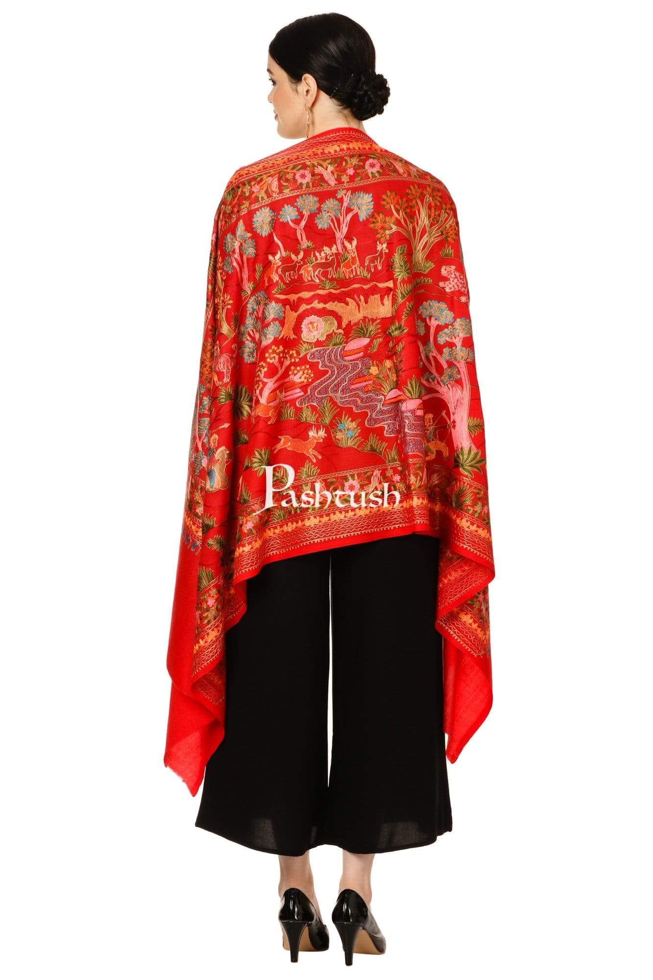 Pashtush Tres Chic Regal Collection, Wool Embroidery Nalki Shawl Scarf, Scarlet Red - Image 5