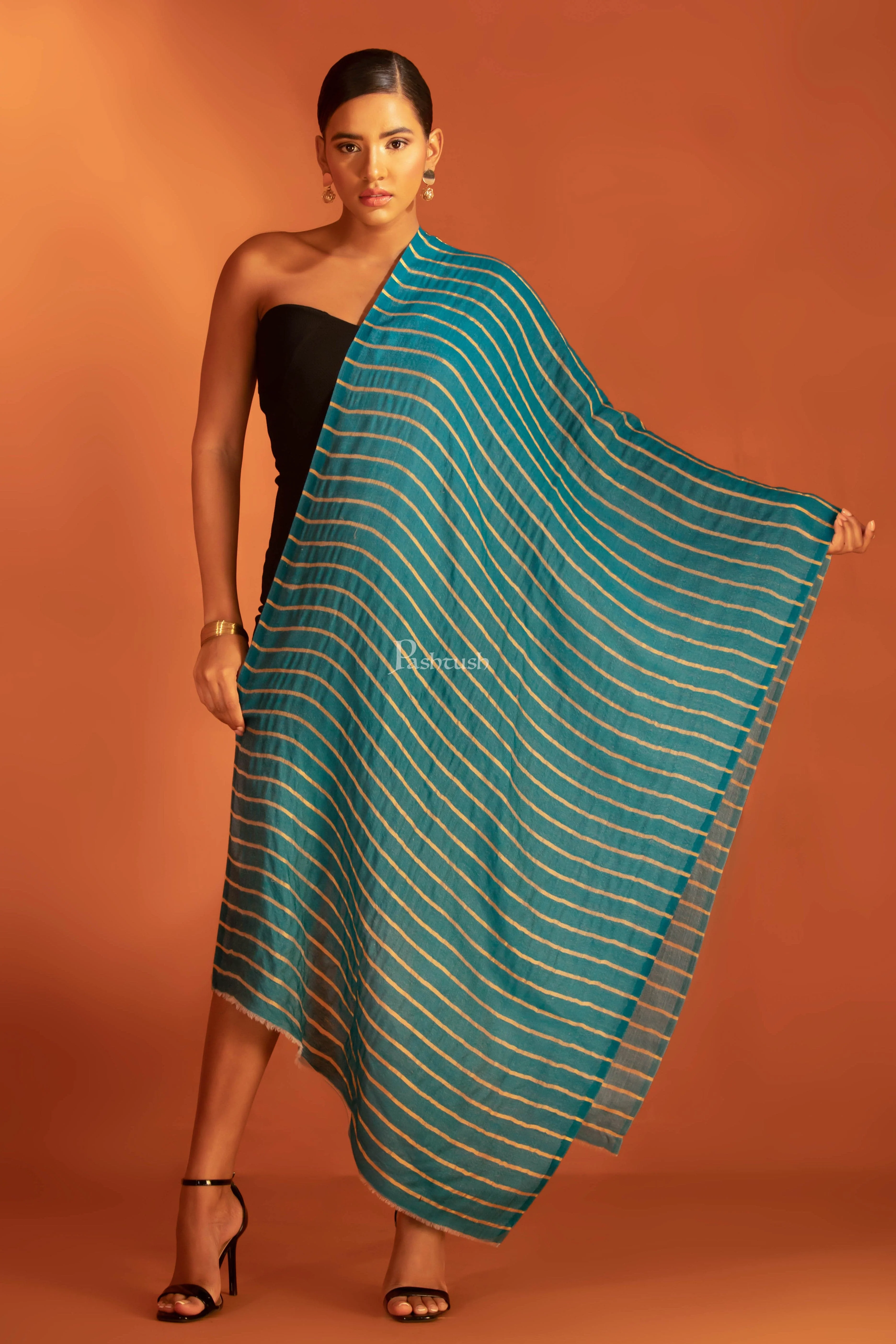 Pashtush Twilight Stole, With Woven Metallic Thread, Silk Wool, Blue and gold - Image 2