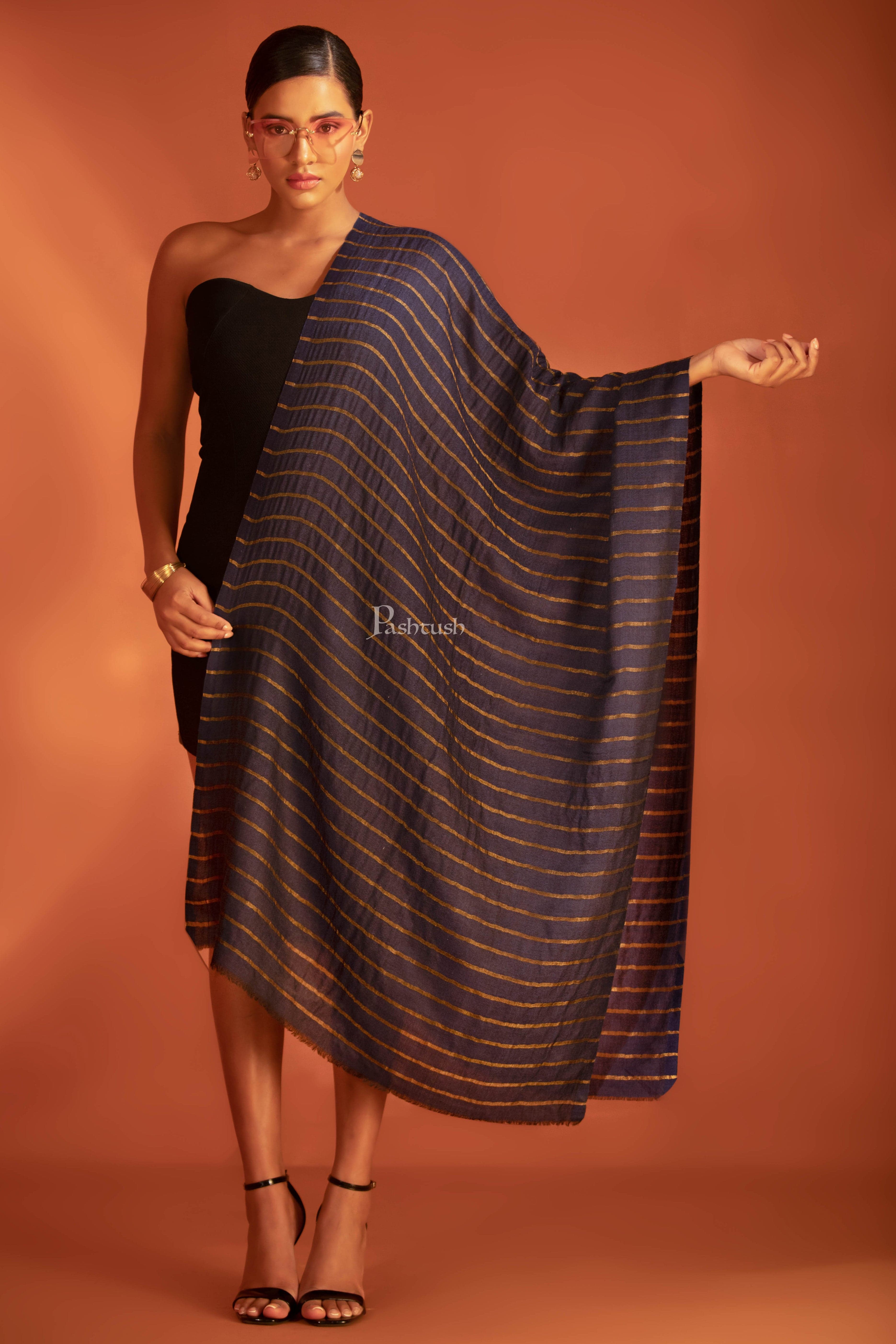 Pashtush Twilight Stole, With Woven Metallic Thread, Silk Wool, Gold and Navy Blue - Image 3