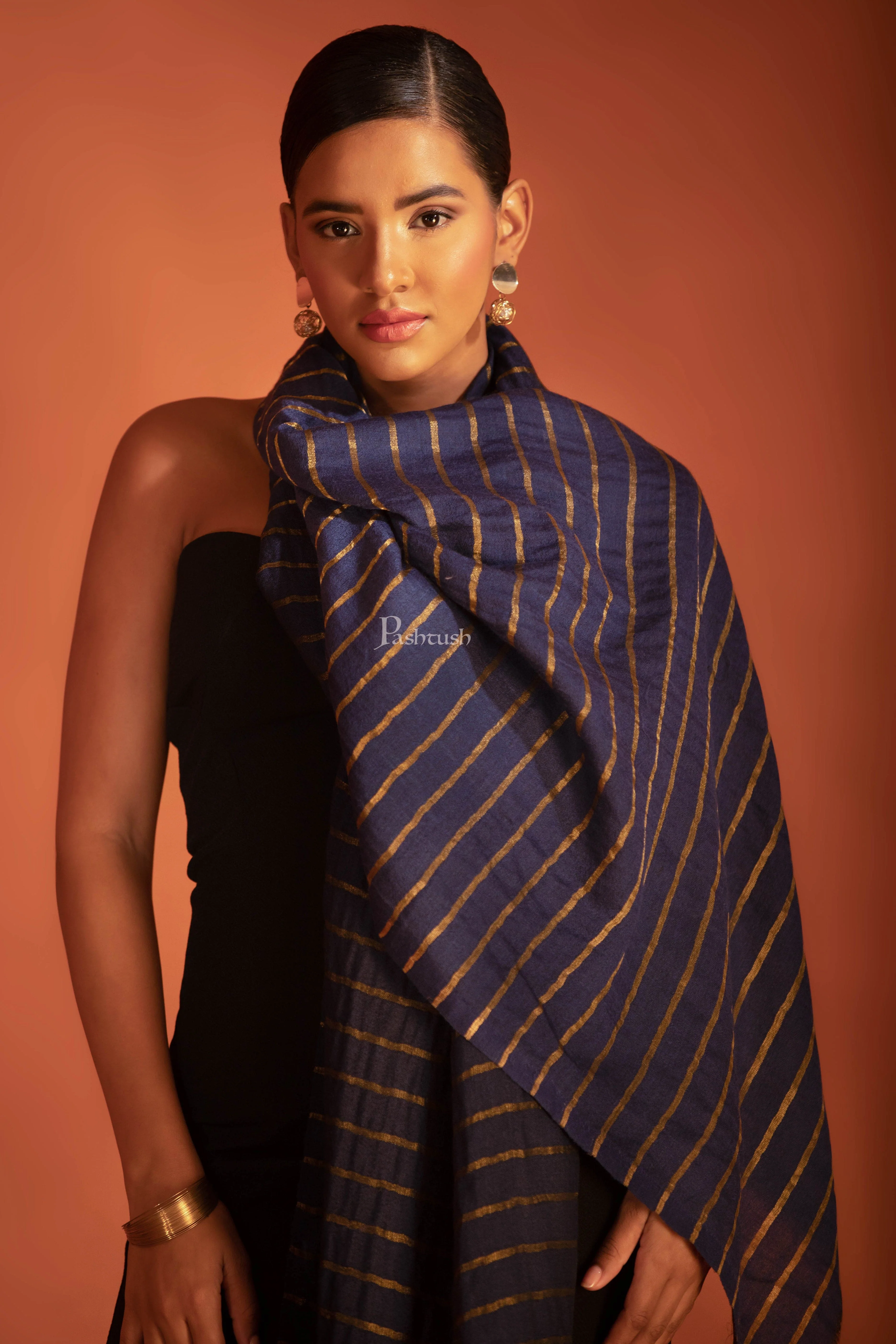 Pashtush Twilight Stole, With Woven Metallic Thread, Silk Wool, Gold and Navy Blue - Image 6
