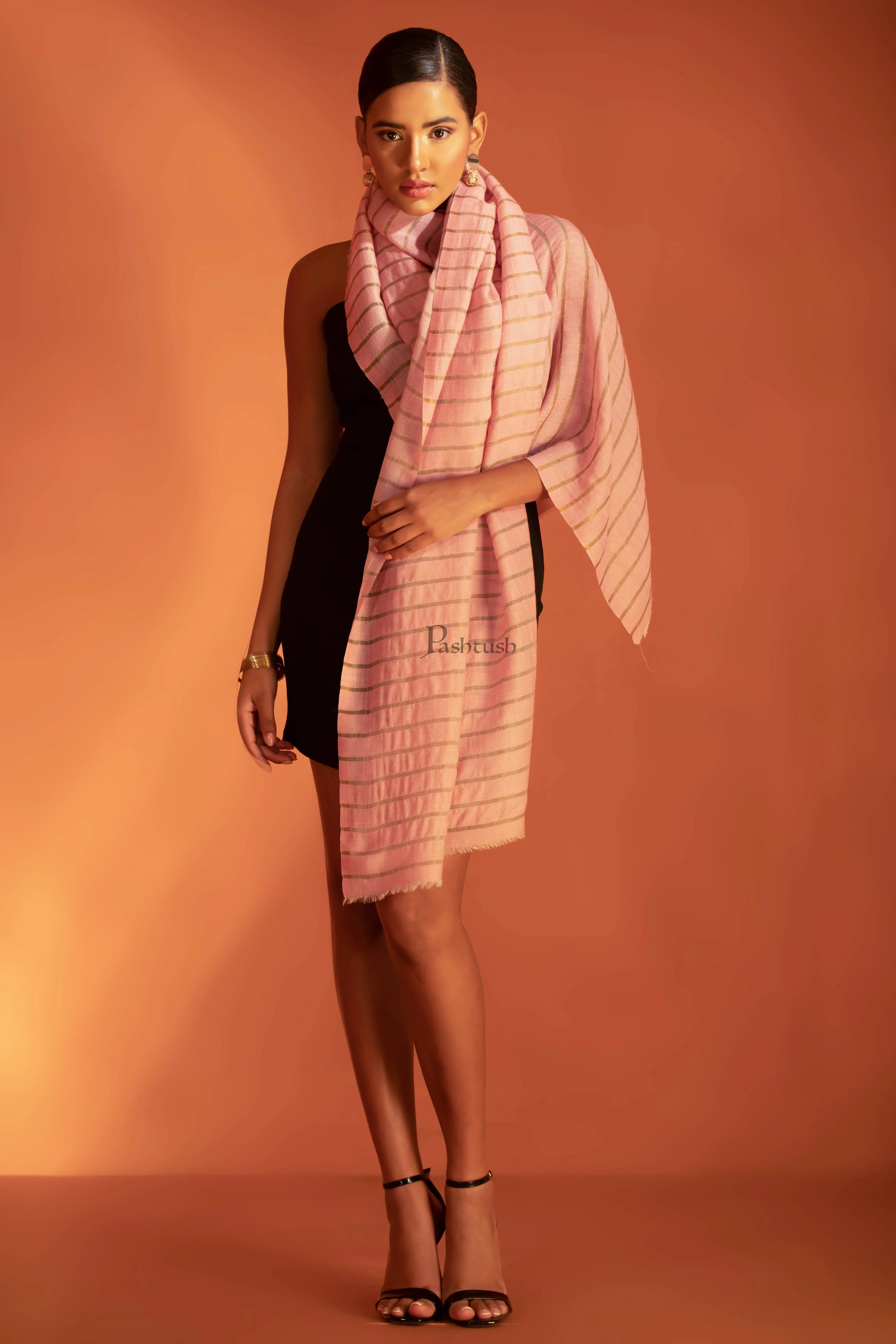 Pashtush Twilight Stole, With Woven Metallic Thread, Silk Wool, Gold and Soft Pink - Image 2