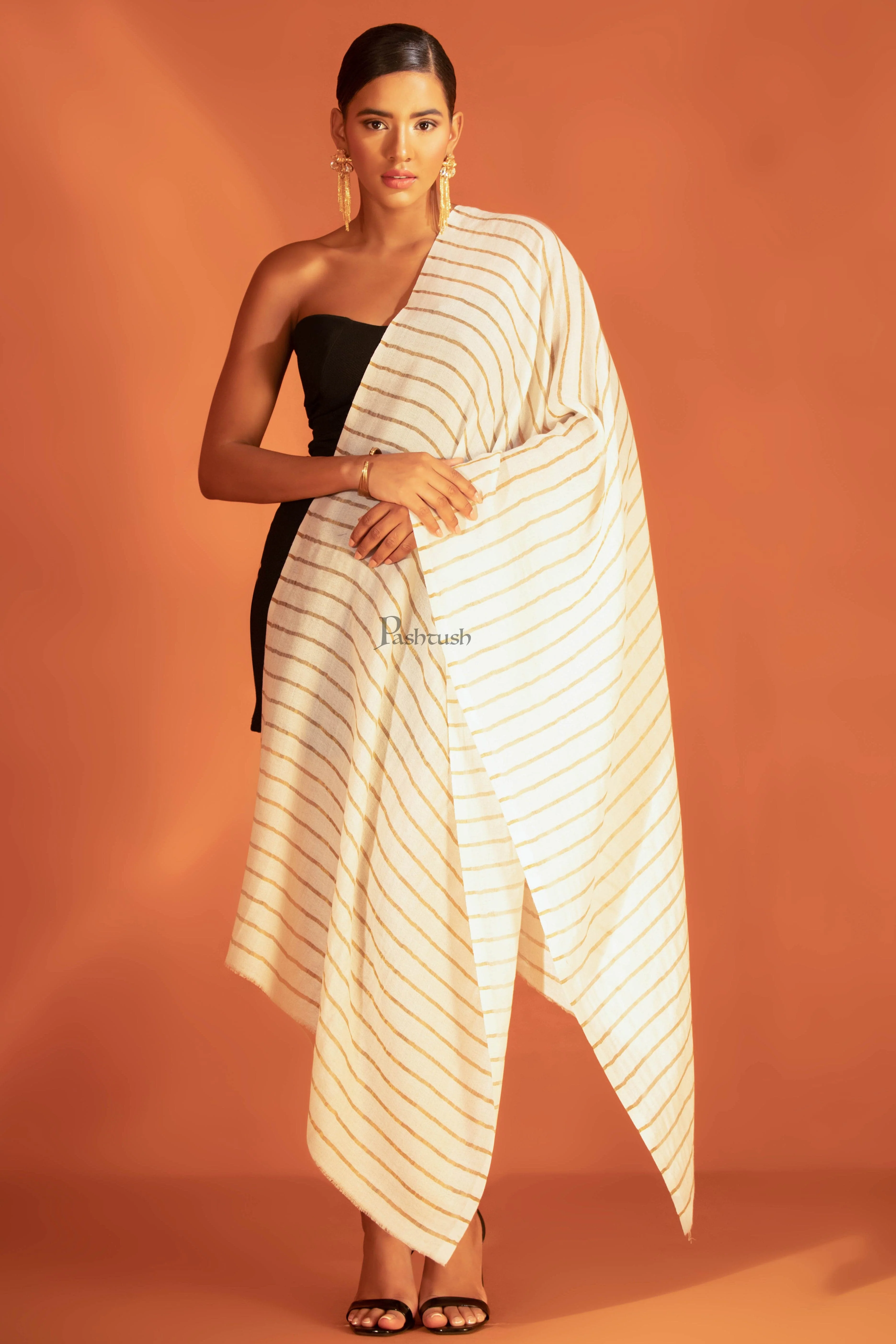 Pashtush Twilight Stole, With Woven Metallic Thread, Silk Wool, Striped Gold and Ivory - Image 4