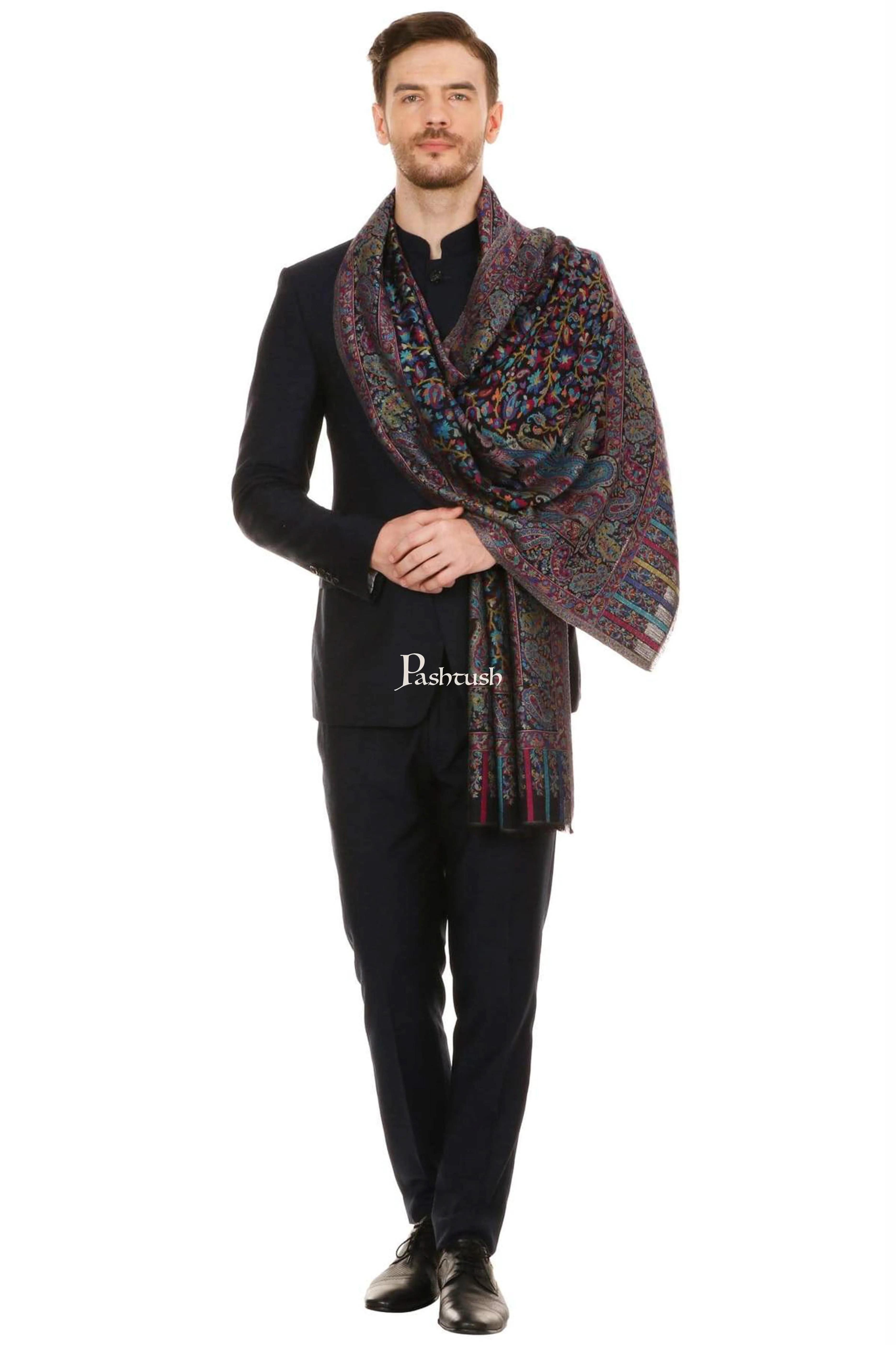 Pashtush Unisex Stole, Soft Bamboo, Ethnic Weave, Rich Blue and Black - Image 4
