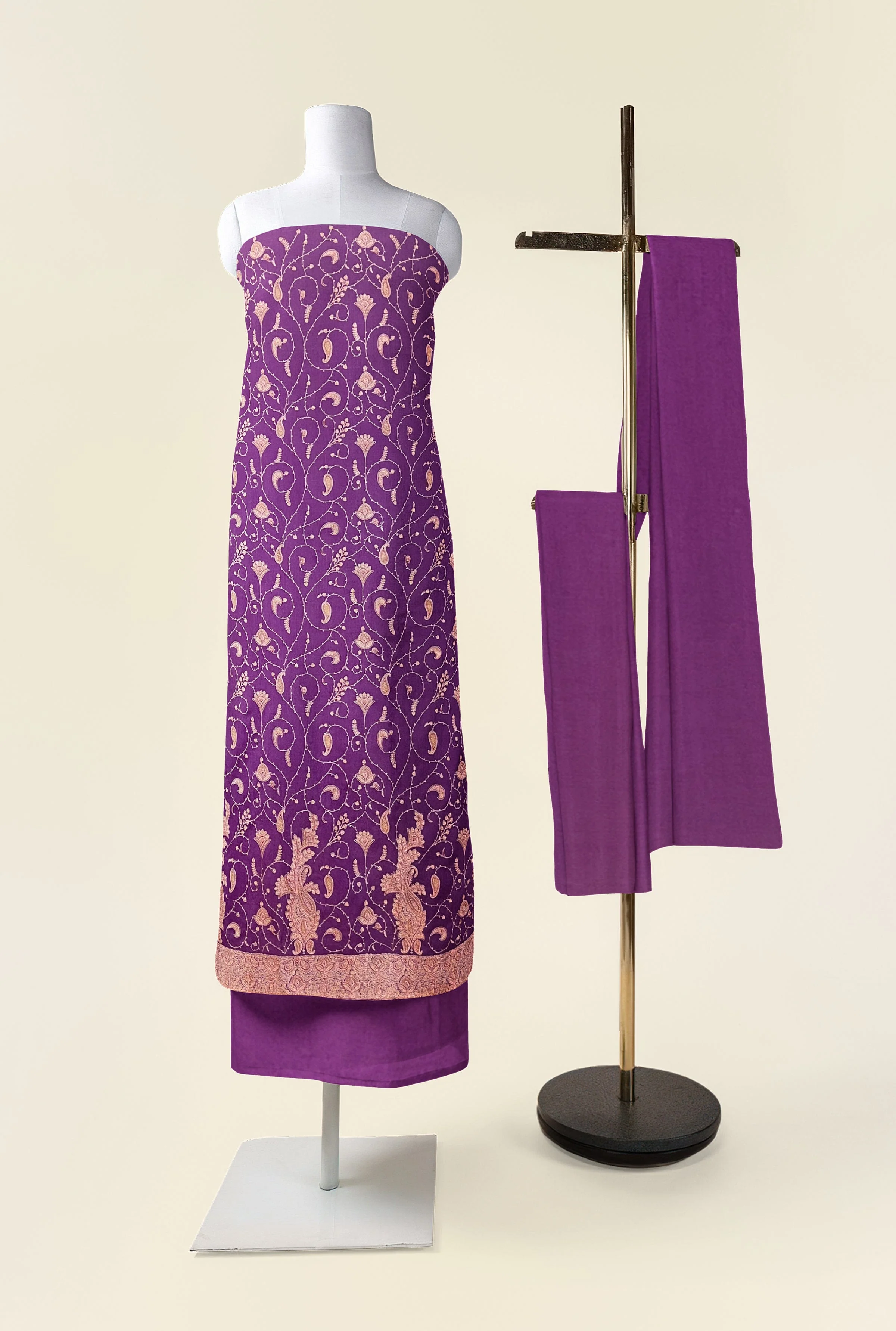 Pashtush Unstitched Kashmiri Embroidery Suit with shawl, Fine Wool, Soft and Warm, Mauve - Image 3