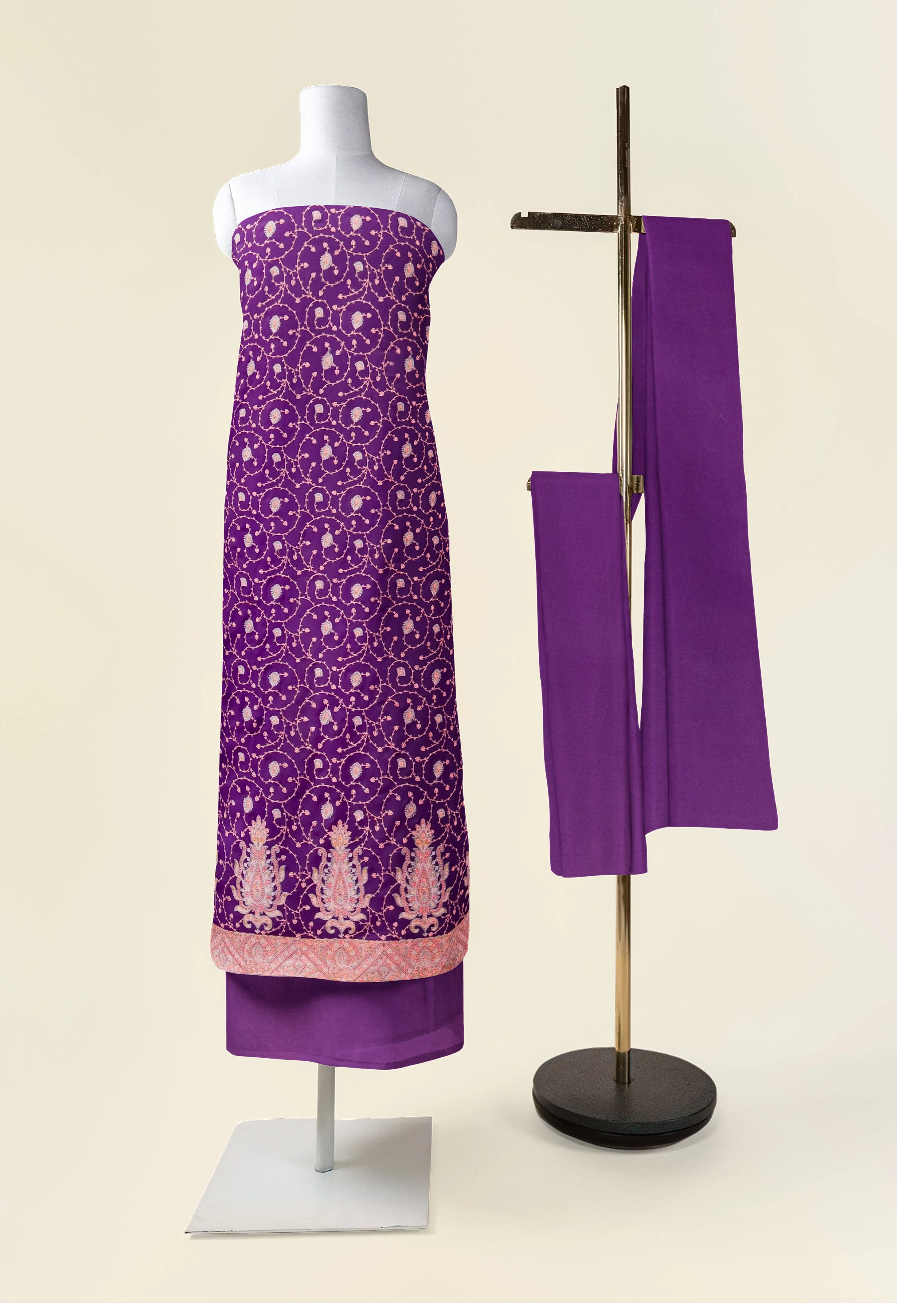 Pashtush Unstitched Kashmiri Embroidery Suit with Shawl, Fine Wool, Soft and Warm, Purple - Image 3