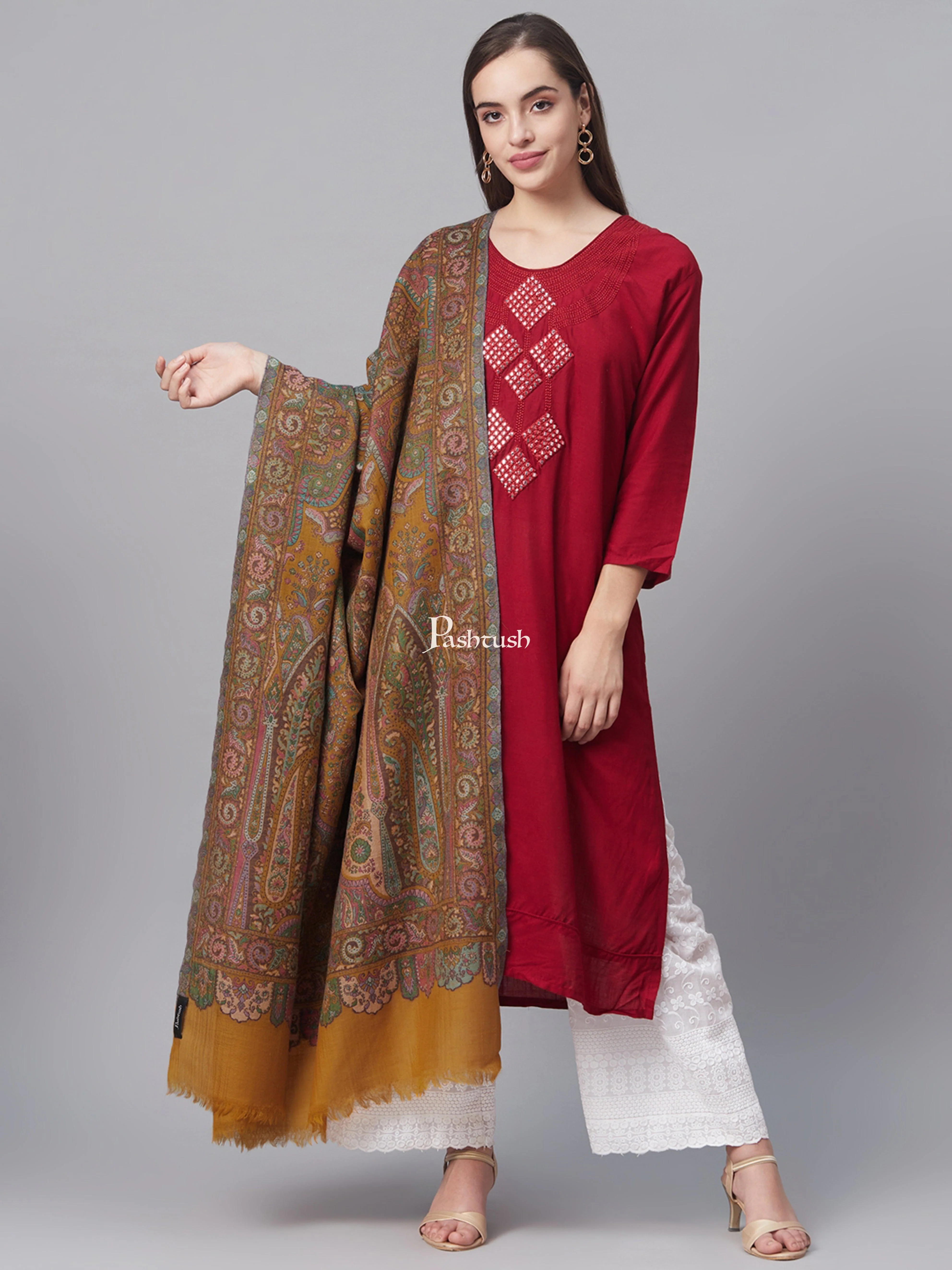 Pashtush Women 100% Pure Wool, With Woolmark Certificate, Woven Kalamkari Design Shawl, Mustard - Image 2
