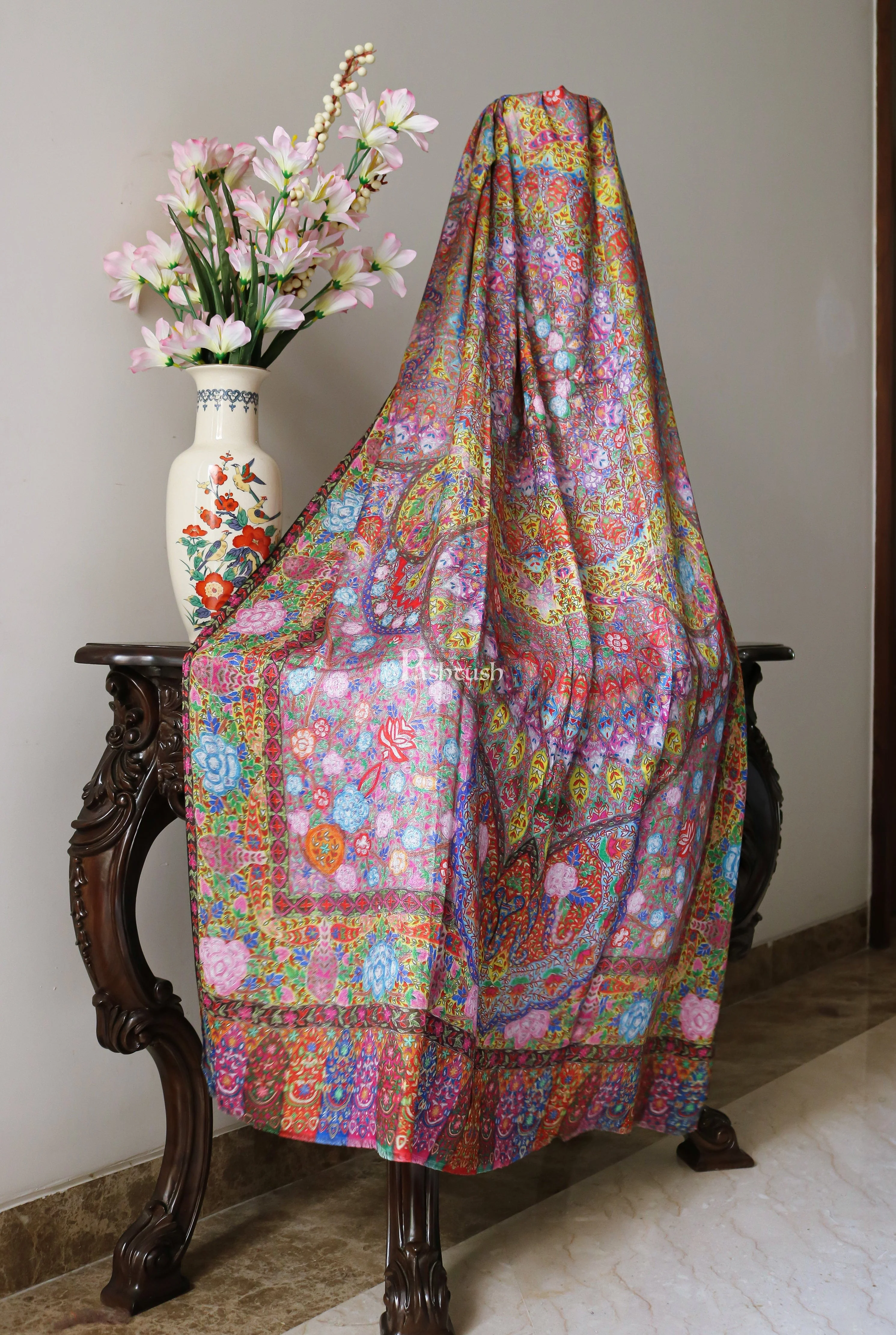 Pashtush women Bamboo shawl, Kalamkari printed design, Multicolour