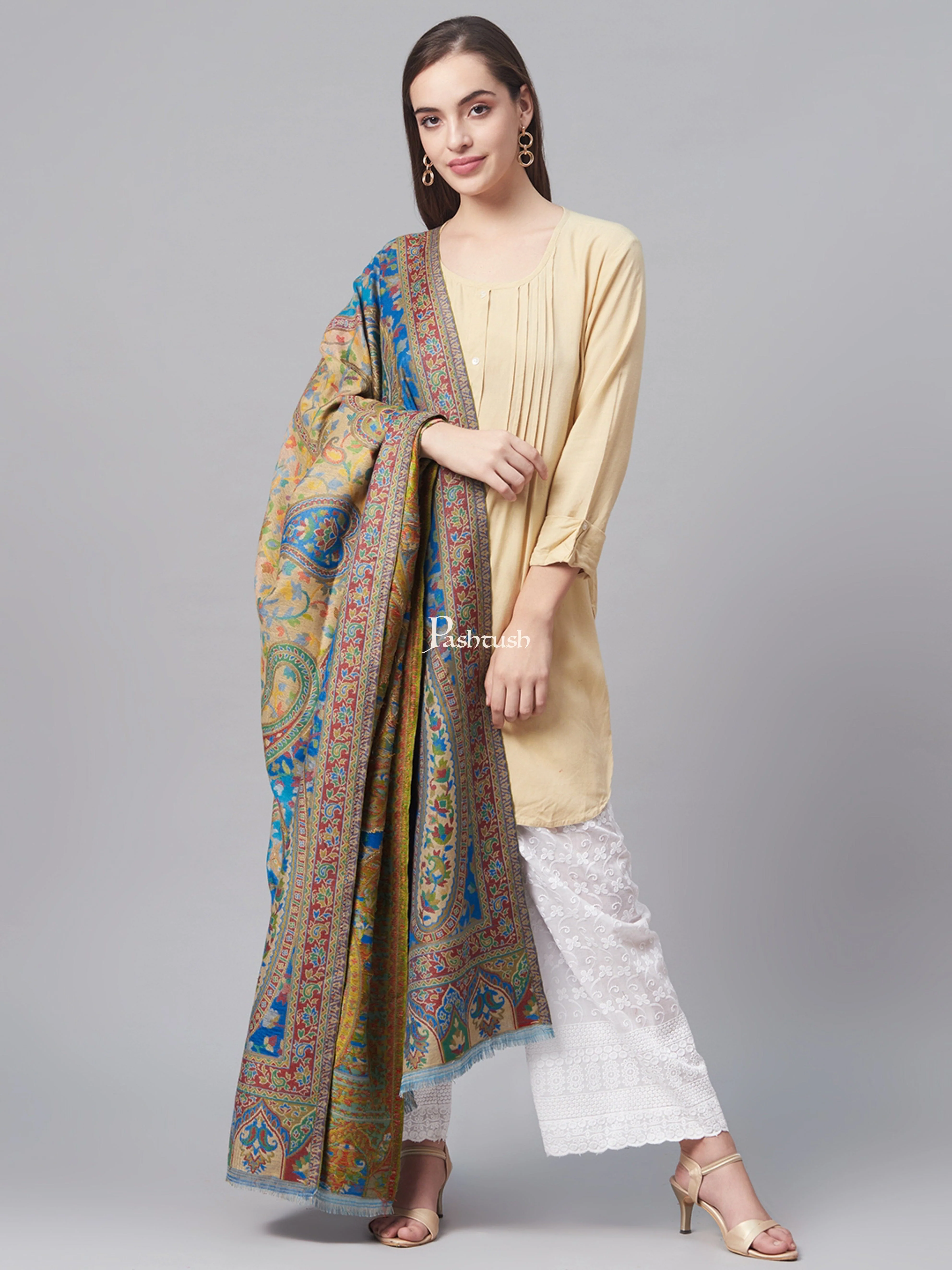 Pashtush Womens Ethnic Shawl, Faux Pashmina, Soft And Warm, Barabic Blue