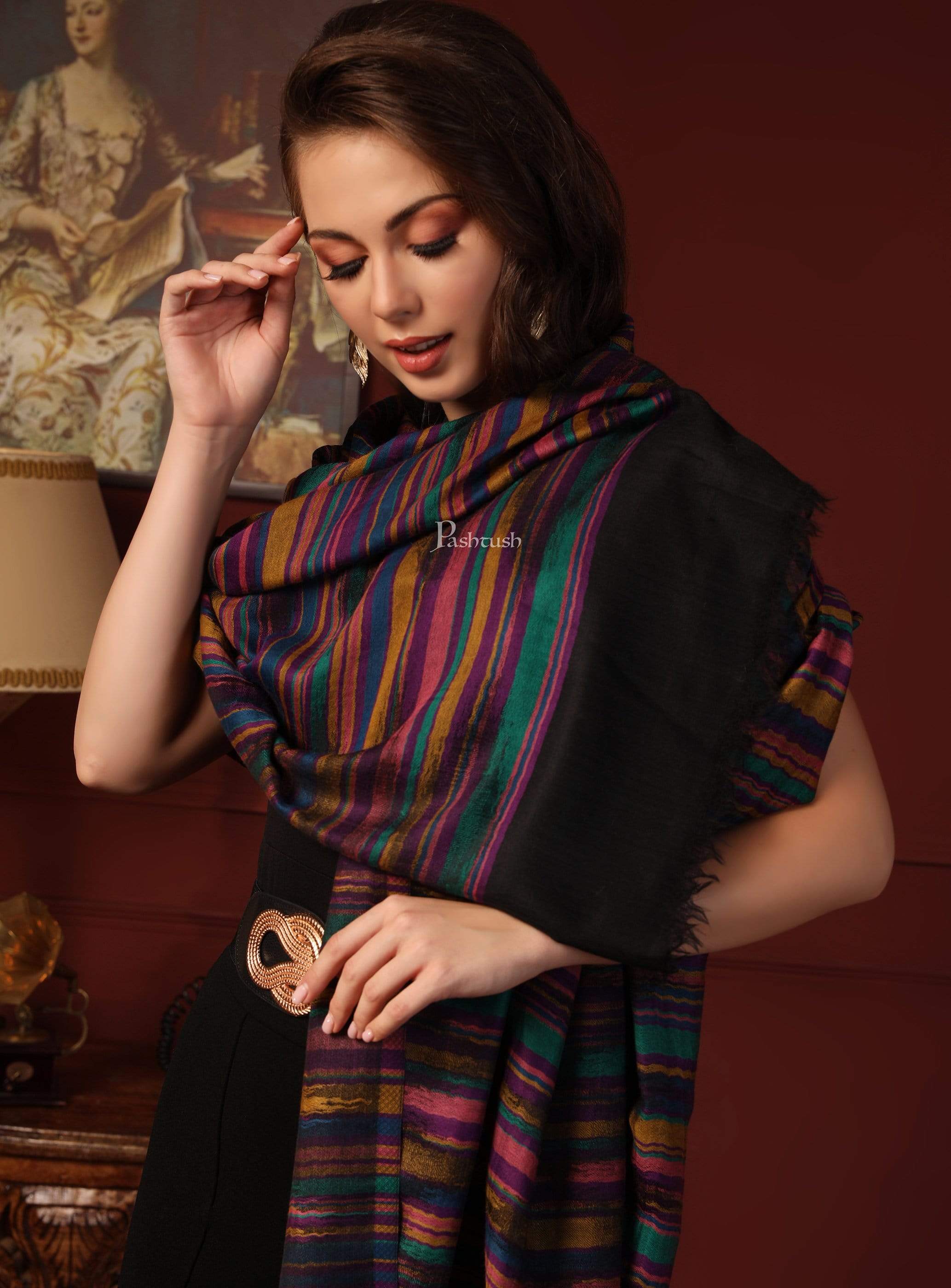 Pashtush Womens Pure Wool Multicolour Striped Shawl, With Woolmark Certificate - Image 3