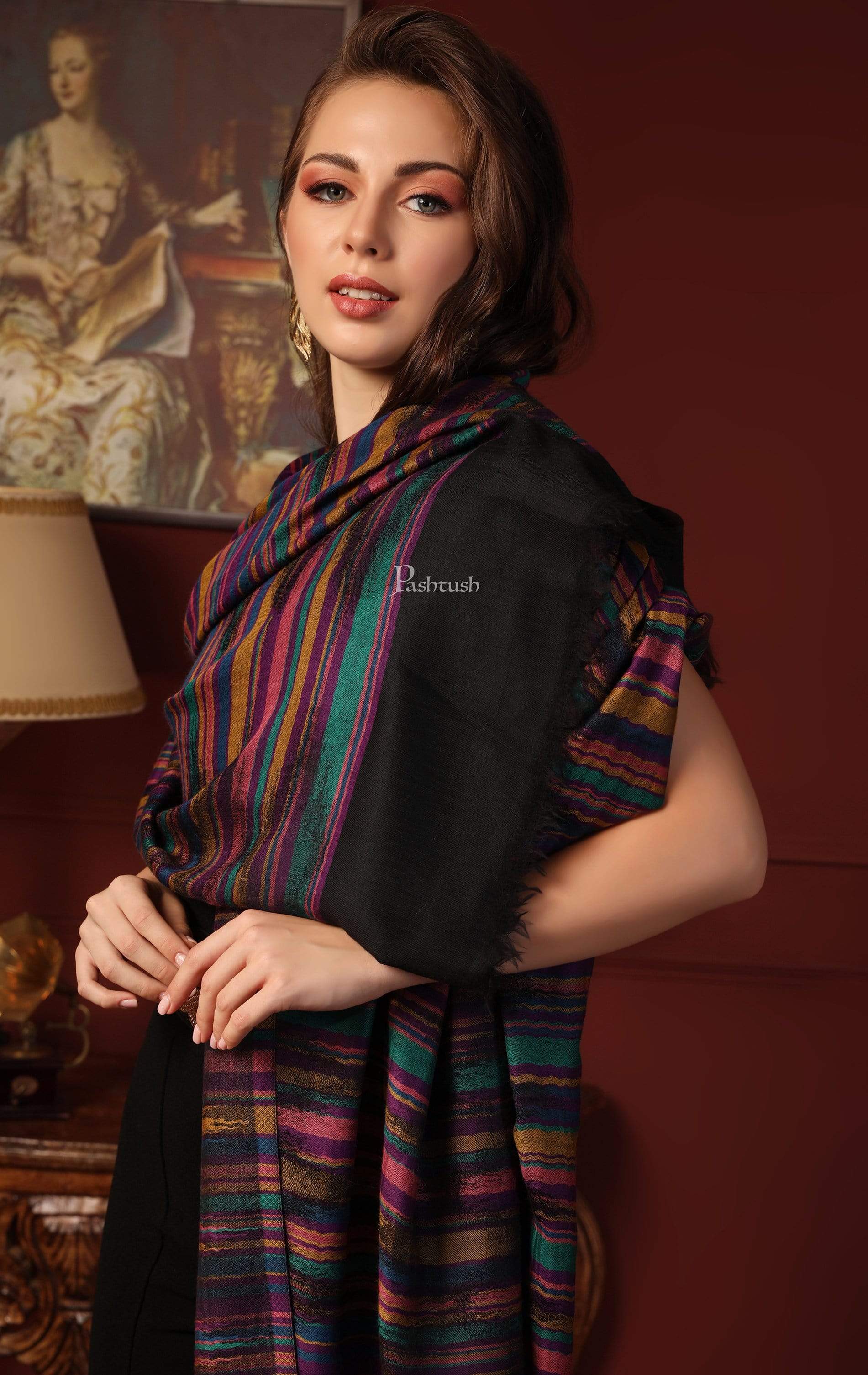 Pashtush Womens Pure Wool Multicolour Striped Shawl, With Woolmark Certificate - Image 4