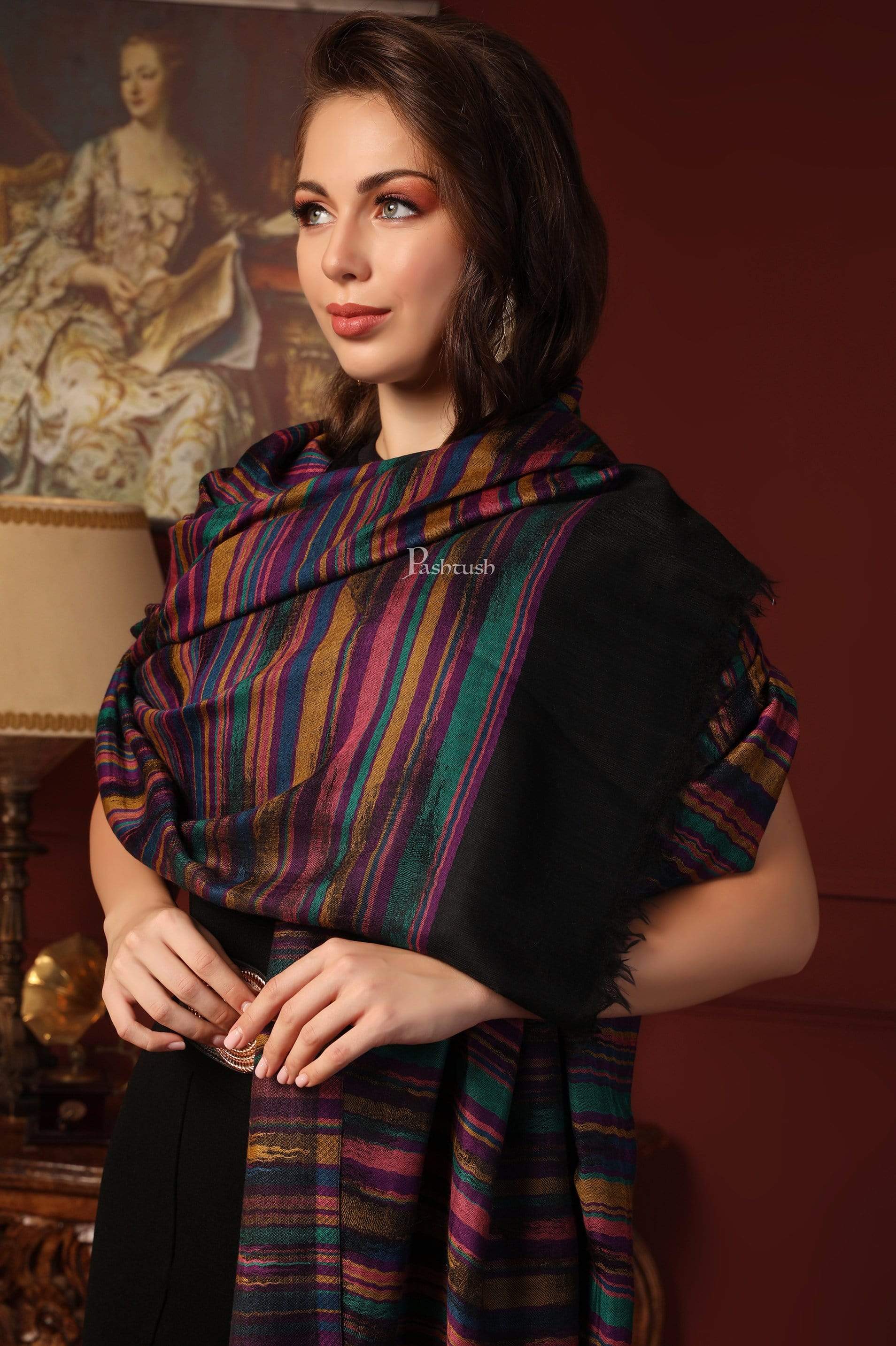 Pashtush Womens Pure Wool Multicolour Striped Shawl, With Woolmark Certificate - Image 7