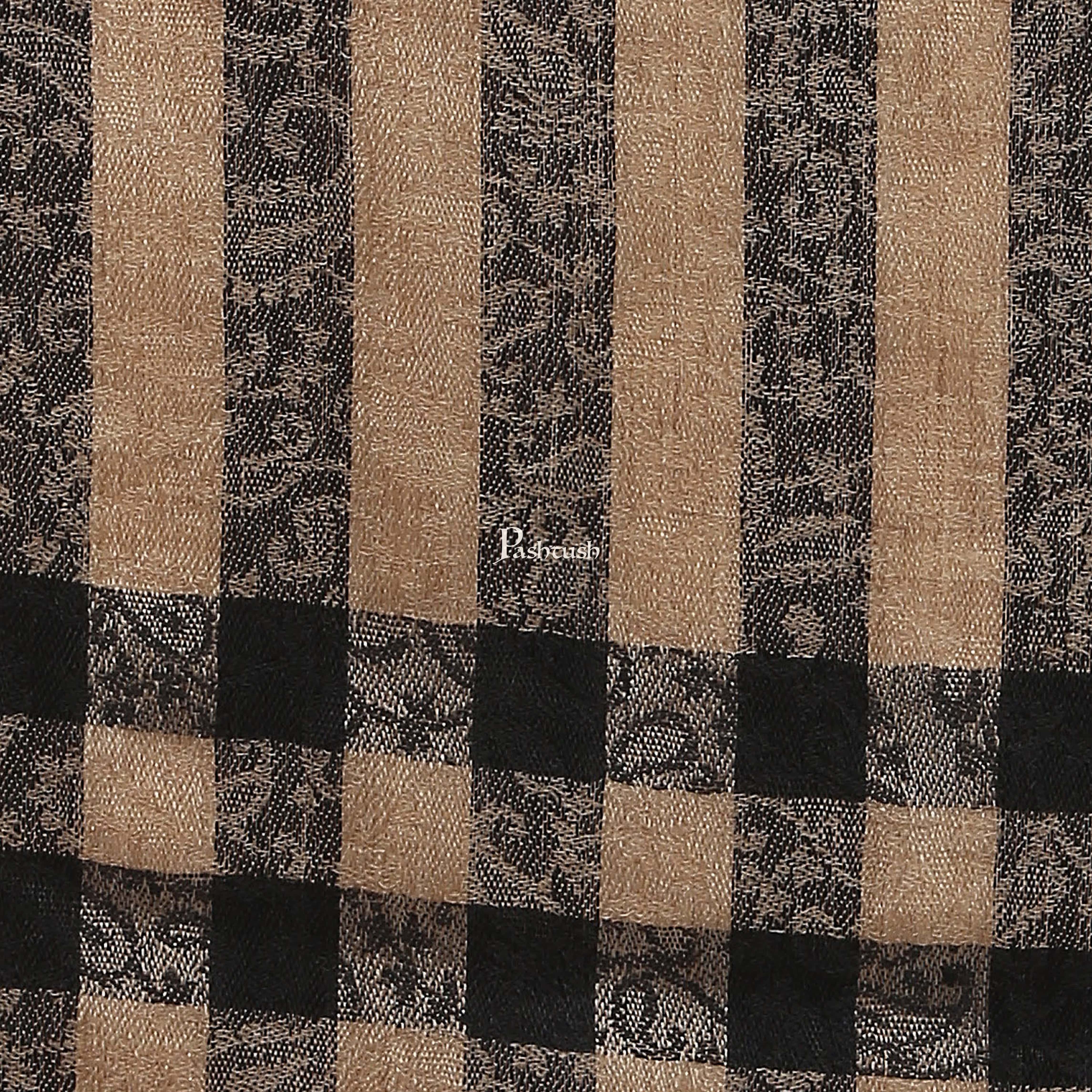 Pashtush Womens Check Striped Pattern, Self Weave Stole, Fine Wool, Black - Image 3